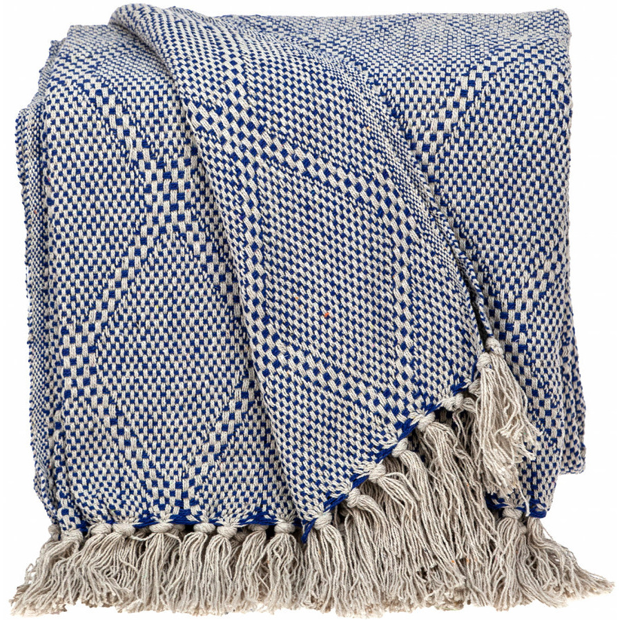 Blue and Beige Woven Handloom Throw with Tassels