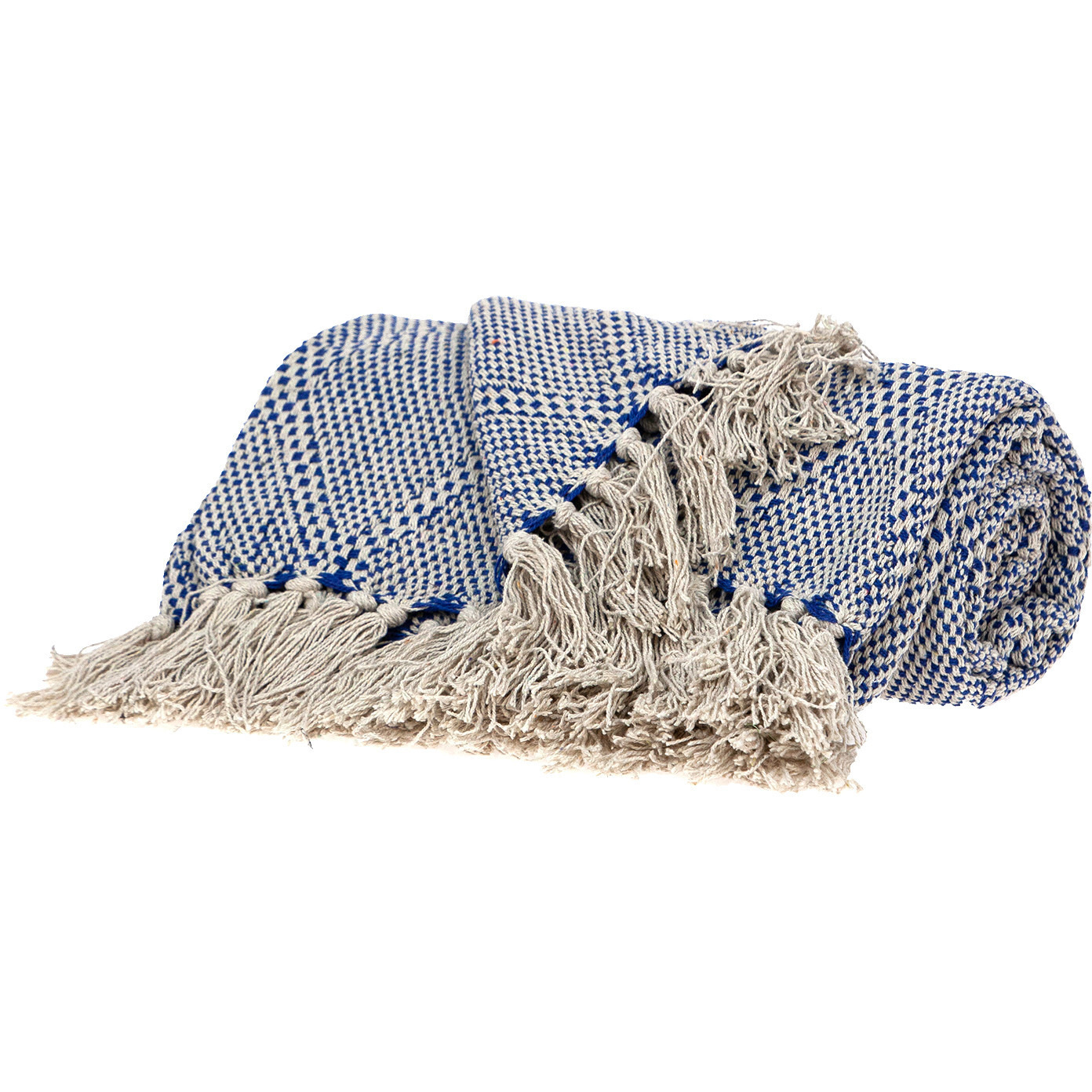 Blue and Beige Woven Handloom Throw with Tassels