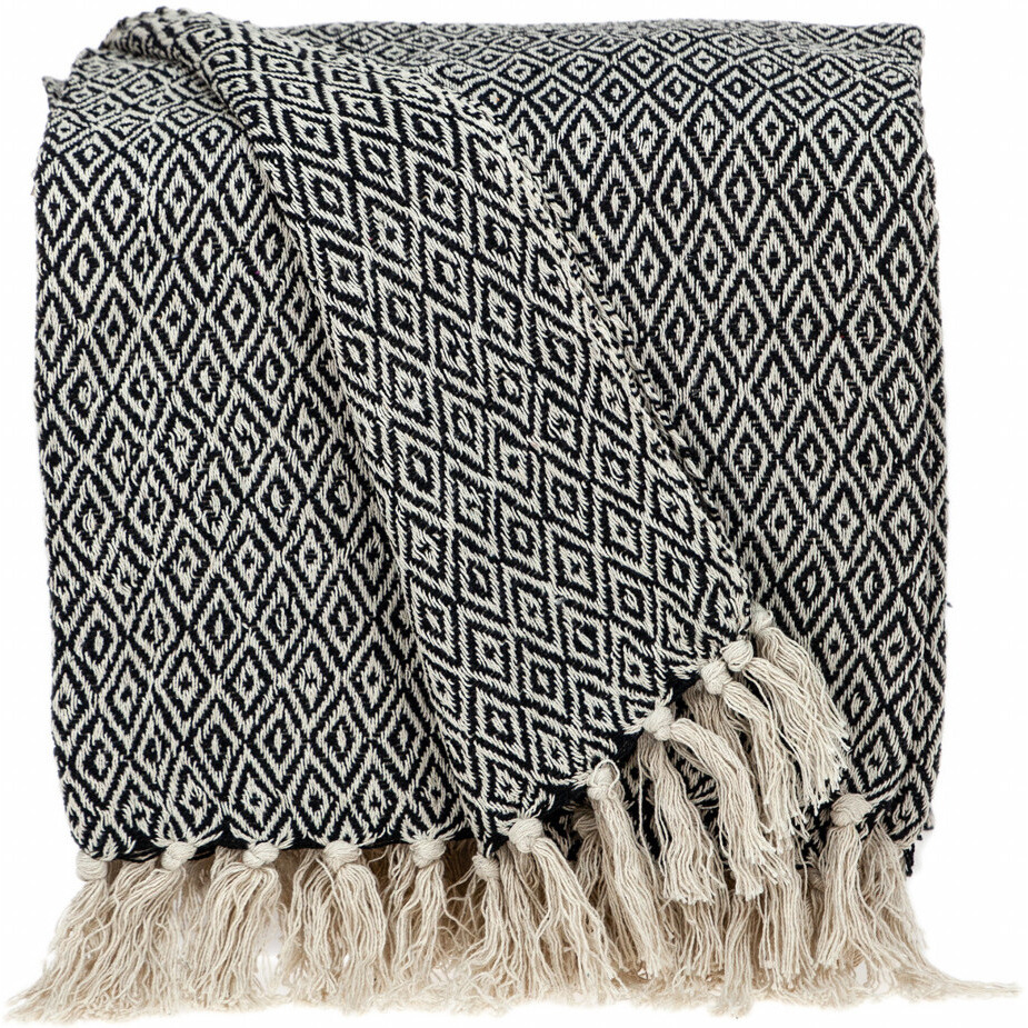 Boho Black and Beige Woven Diamond Pattern Throw with Tassels