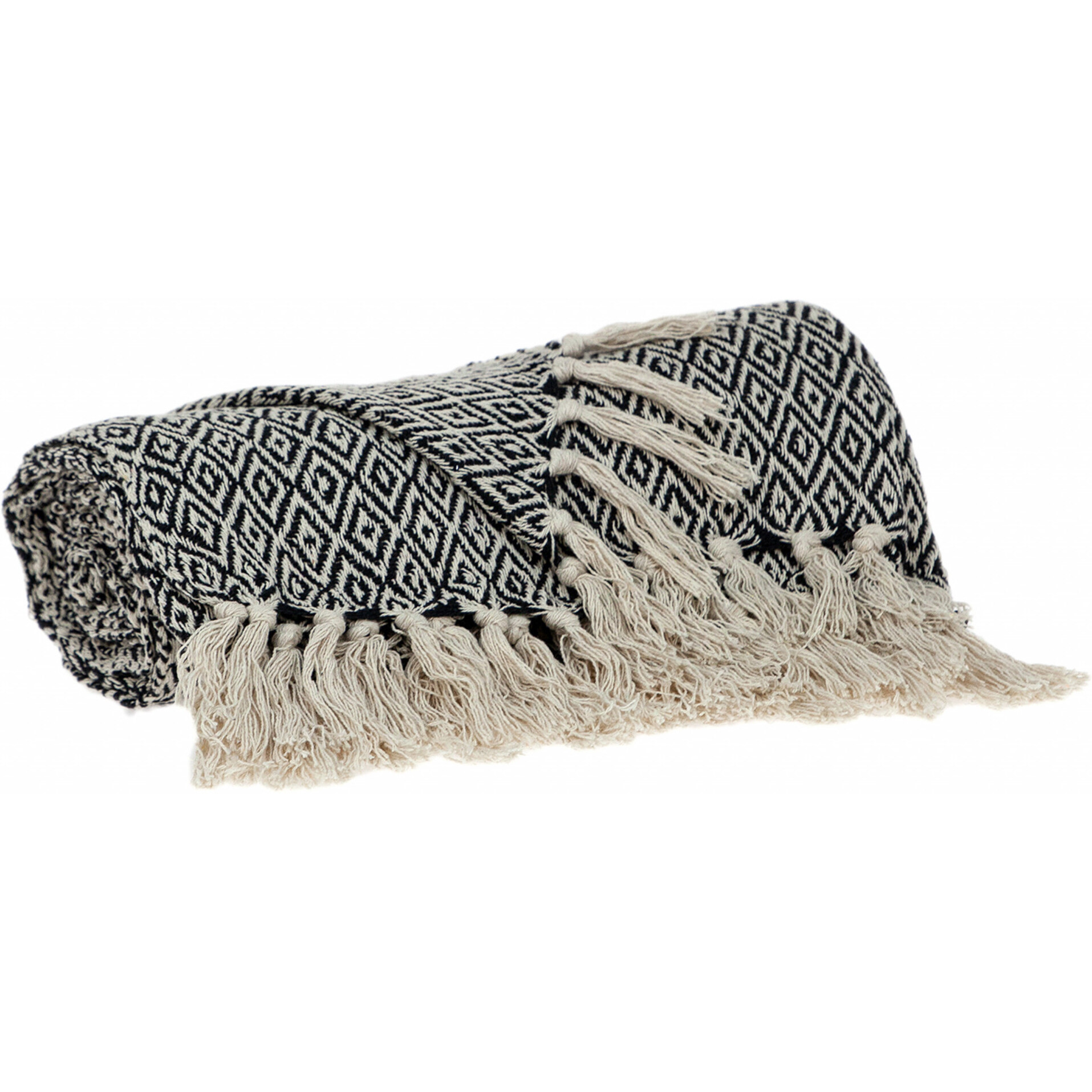 Boho Black and Beige Woven Diamond Pattern Throw with Tassels