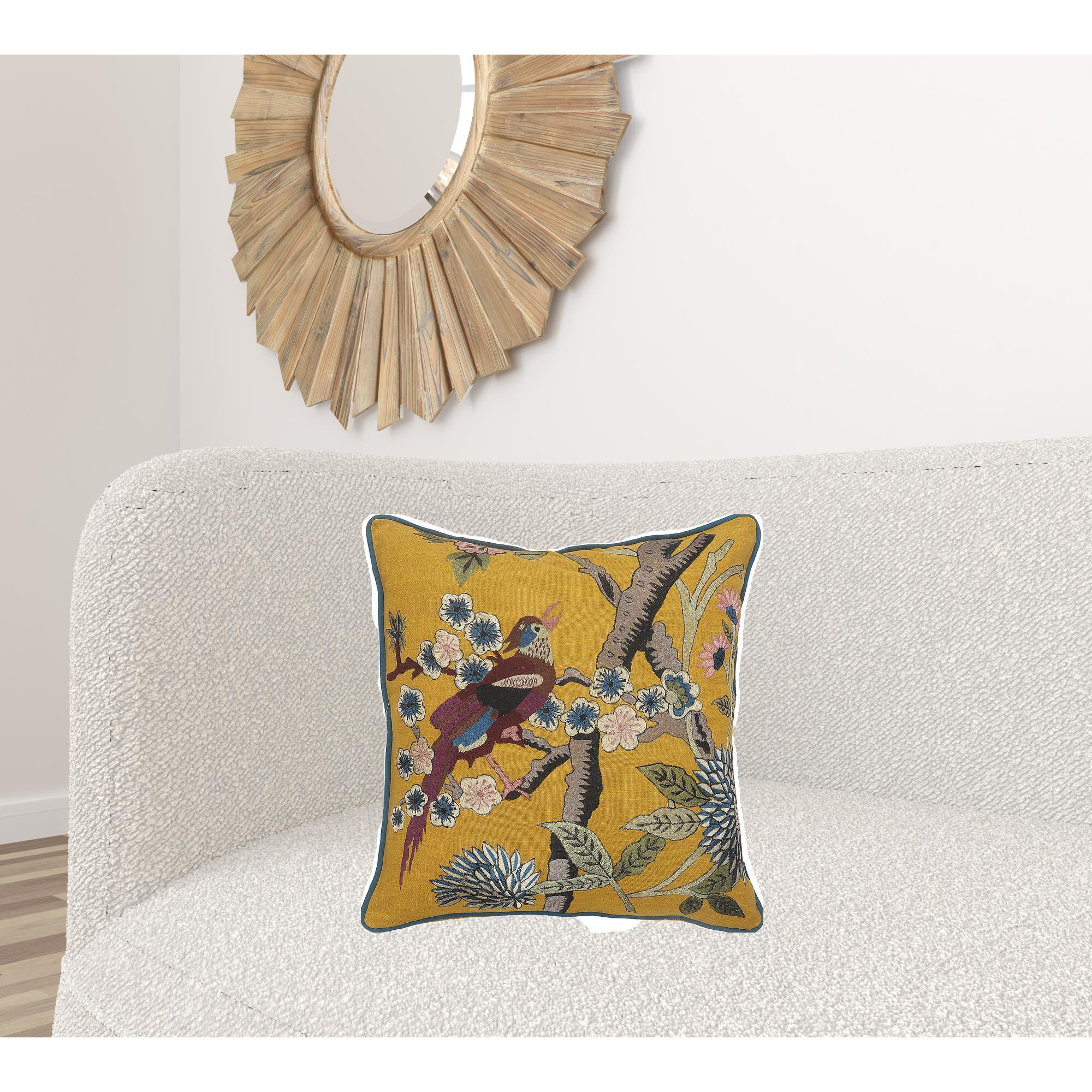 20 X 20 Blue and Yellow Bird Floral cotton Zippered Pillow With Embroidery