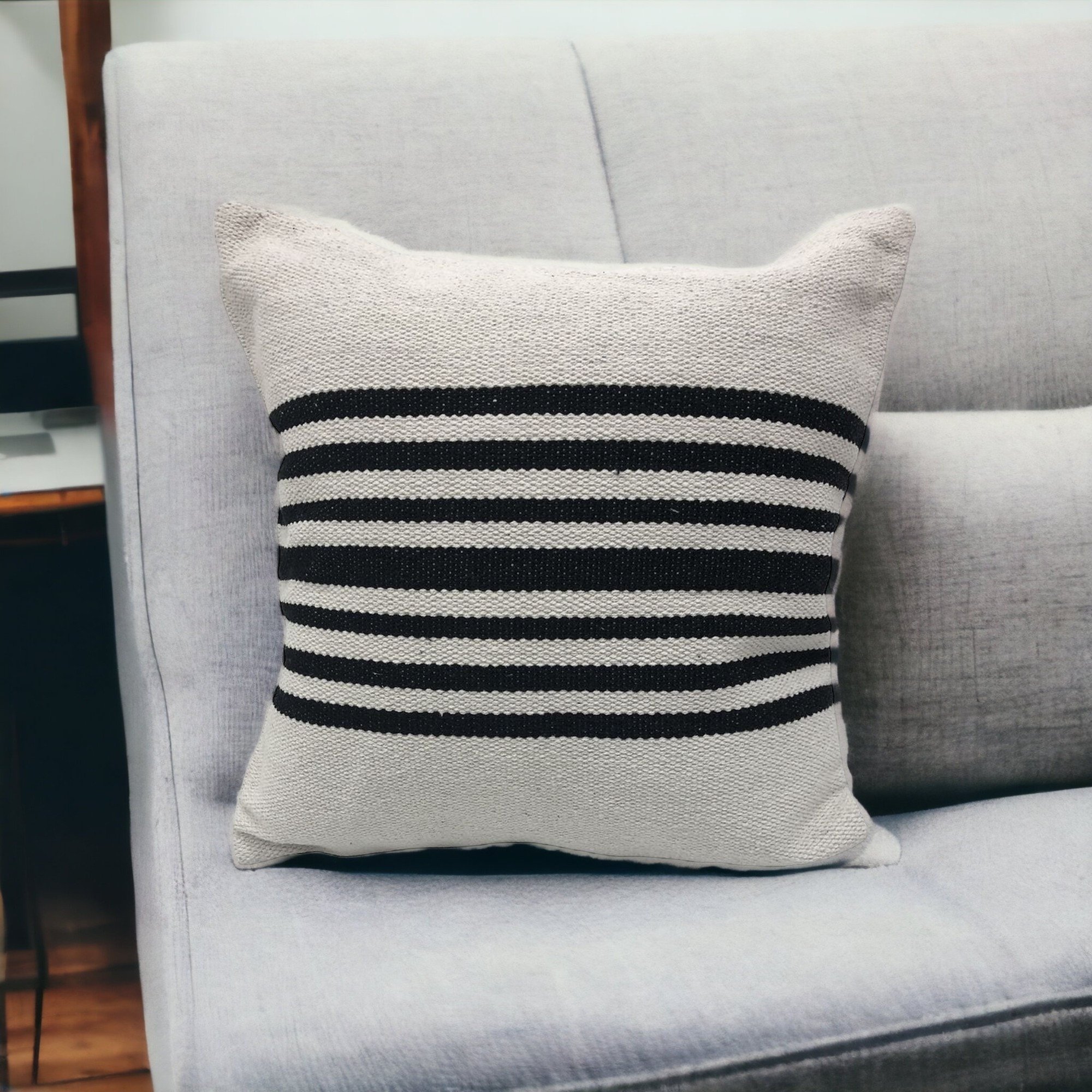 22 X 22 Black and White Striped cotton Zippered Pillow