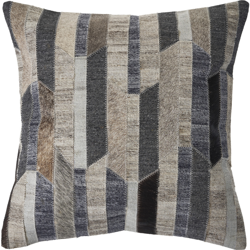20 X 20 Beige and gray Striped Faux Leather Zippered Pillow