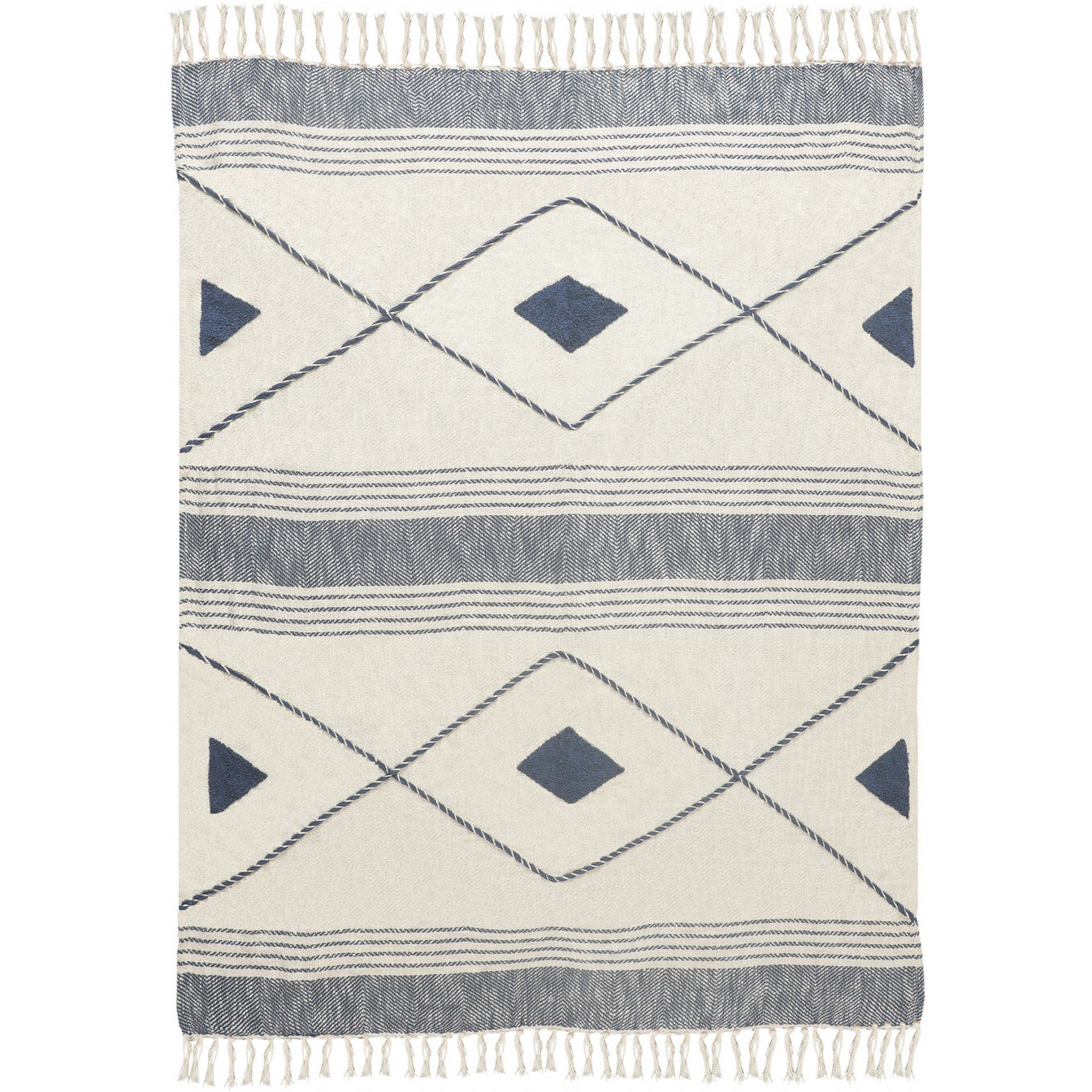 Blue and Off White Woven cotton Striped Throw Blanket