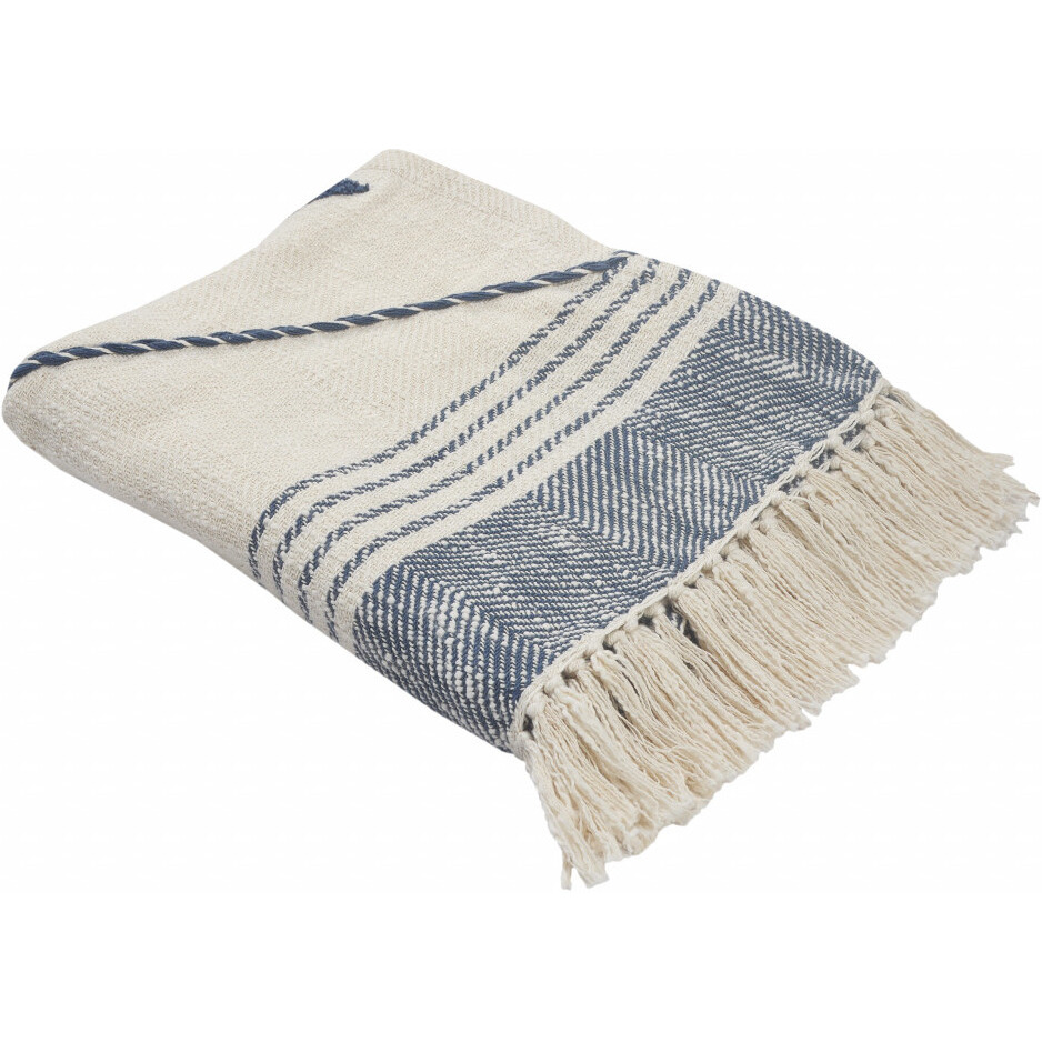 Blue and Off White Woven cotton Striped Throw Blanket