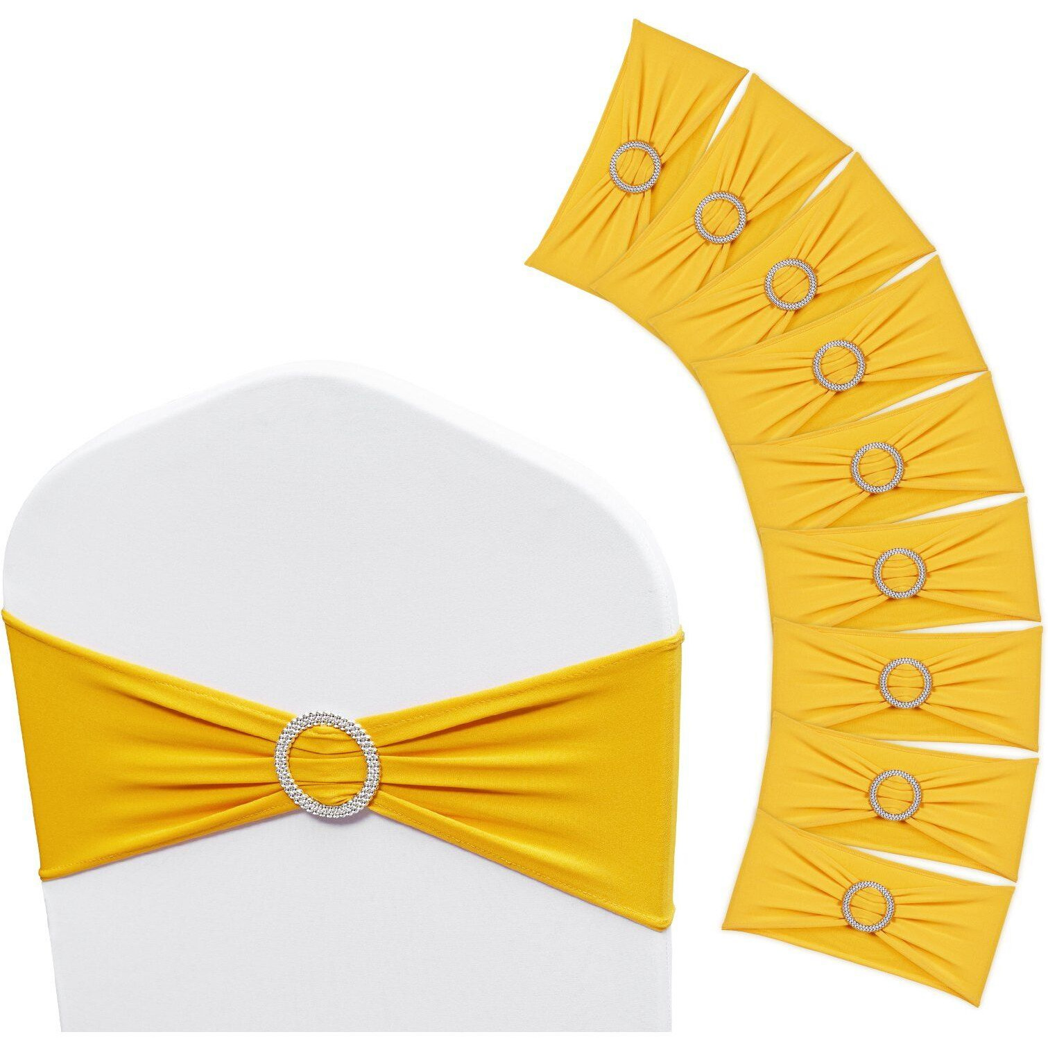 VEVOR Stretch Spandex Chair Sashes, Chair Slipcover and Stretch Chair Sash with Round Buckle, Elastic Chair Bands, Fitting Wedding, Holiday, Banquet, Party Chair Decoration (50 PCS Golden Yellow)