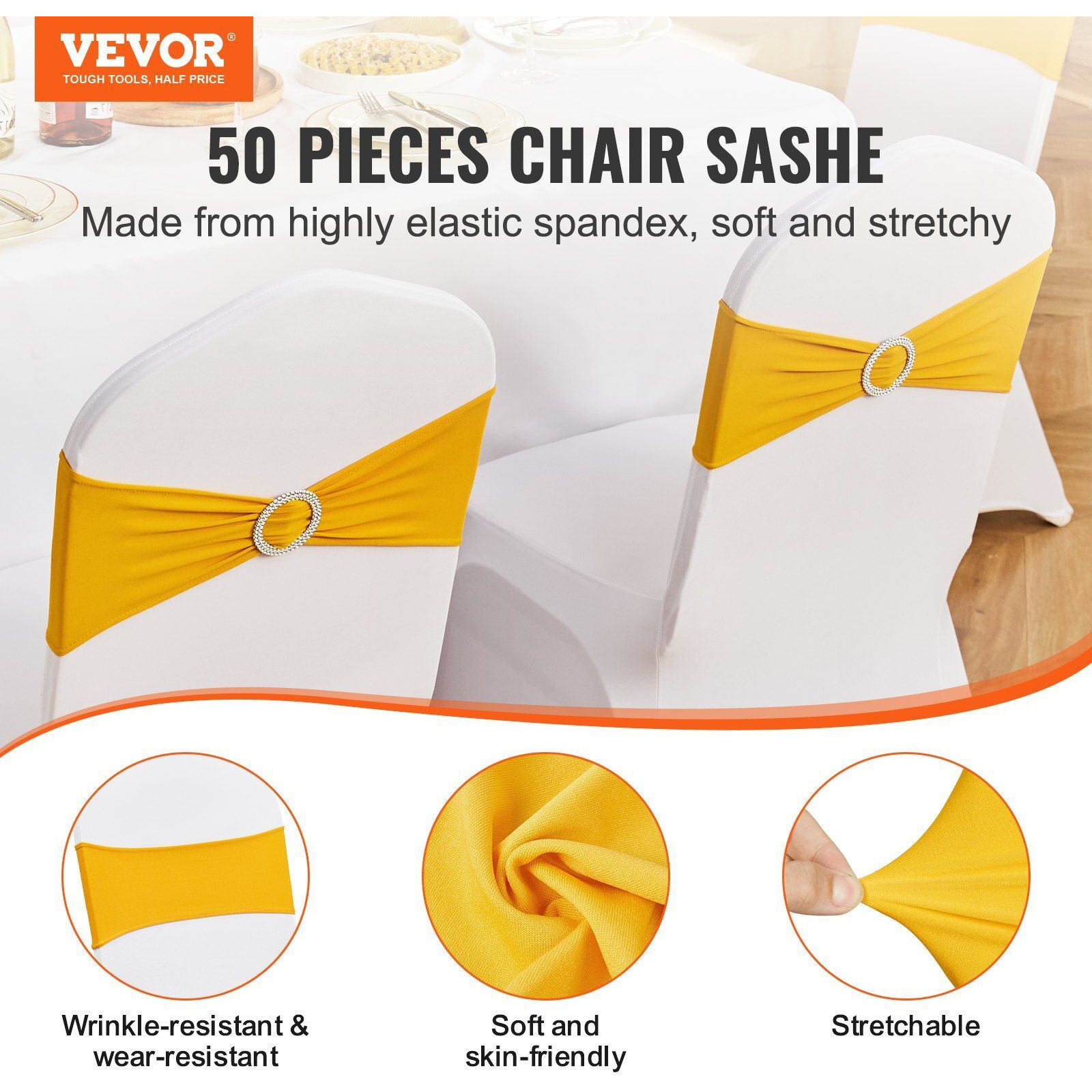 VEVOR Stretch Spandex Chair Sashes, Chair Slipcover and Stretch Chair Sash with Round Buckle, Elastic Chair Bands, Fitting Wedding, Holiday, Banquet, Party Chair Decoration (50 PCS Golden Yellow)