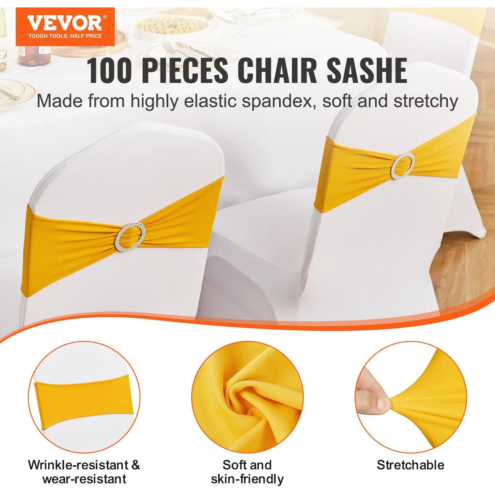 VEVOR Stretch Spandex Chair Sashes, Chair Slipcover and Stretch Chair Sash with Round Buckle, Elastic Chair Bands, Fitting Wedding, Holiday, Banquet, Party Chair Decoration (100 PCS Golden Yellow)