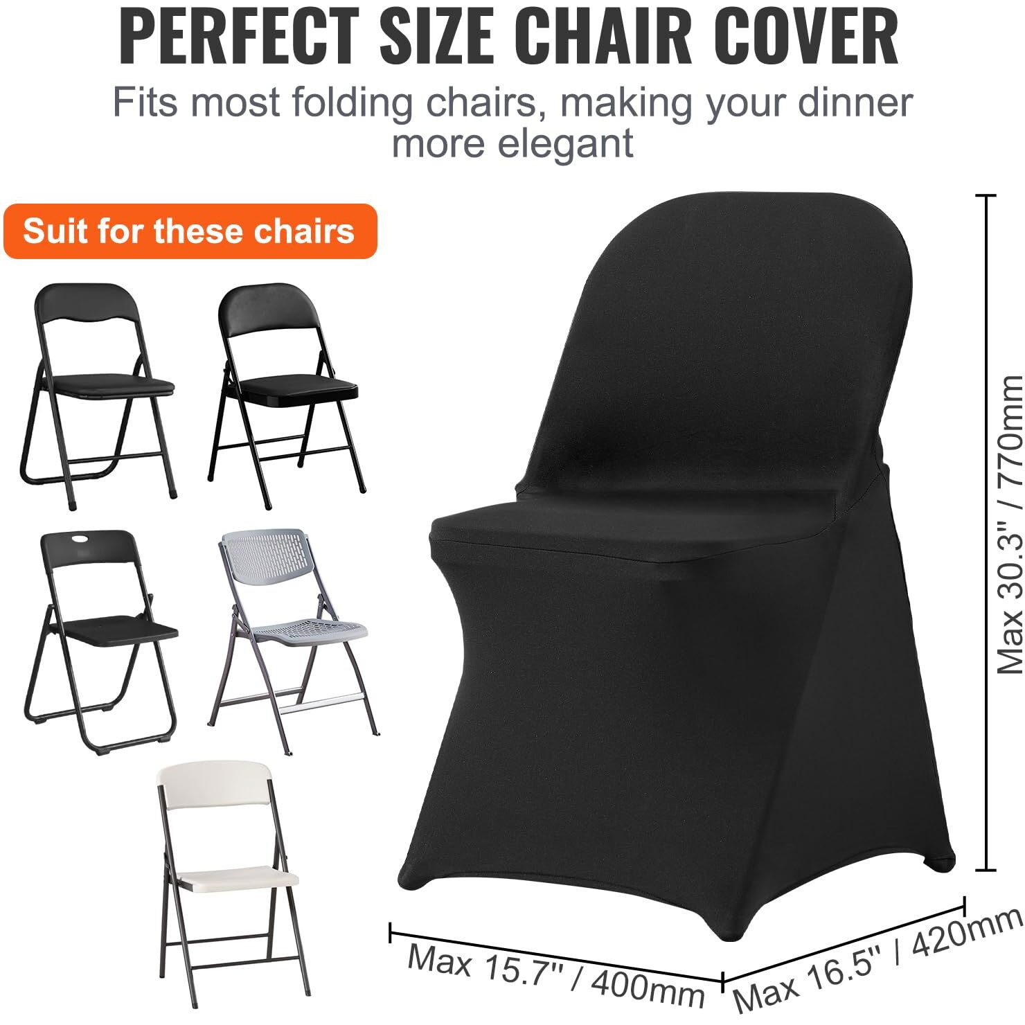 VEVOR Stretch Spandex Folding Chair Covers, Universal Fitted Chair Cover, Removable Washable Protective Slipcovers, for Wedding, Holiday, Banquet, Party, Celebration, Dining (30PCS Black)