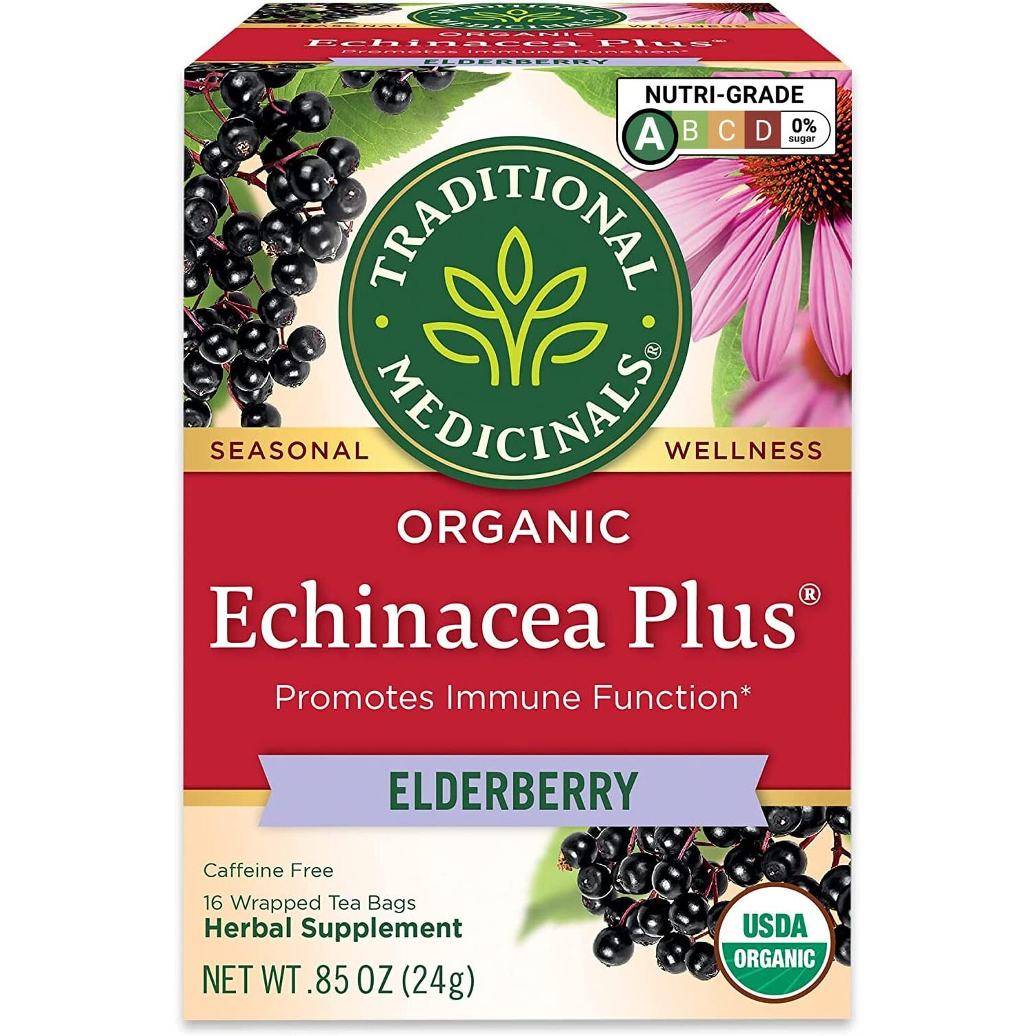 Traditional Medicinals, Seasonal Wellness, Organic, Echinacea Plus, Elderberry, 16 Tea Bags, Net wt. 0.85 Oz