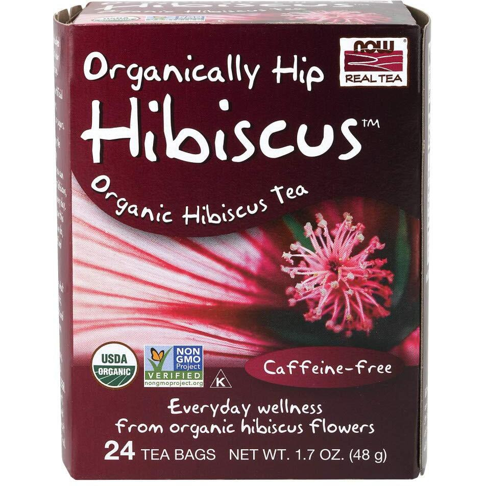 NOW Foods, Organically Hip Hibiscus Tea, Caffeine-Free, Non-GMO, No Added Colors, Preservatives or Sugars, Premium Unbleached Tea Bags with our No-Staples Design, 24-Count