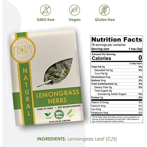 Pride Of India - Natural Dry Indian Lemongrass Herb  353oz (100gm) Full Leaf - certified and Authentic Indian Herb - Perfect for cooking  Soups  Salads  Marinades 50+ Servings(D0102HXUY26)