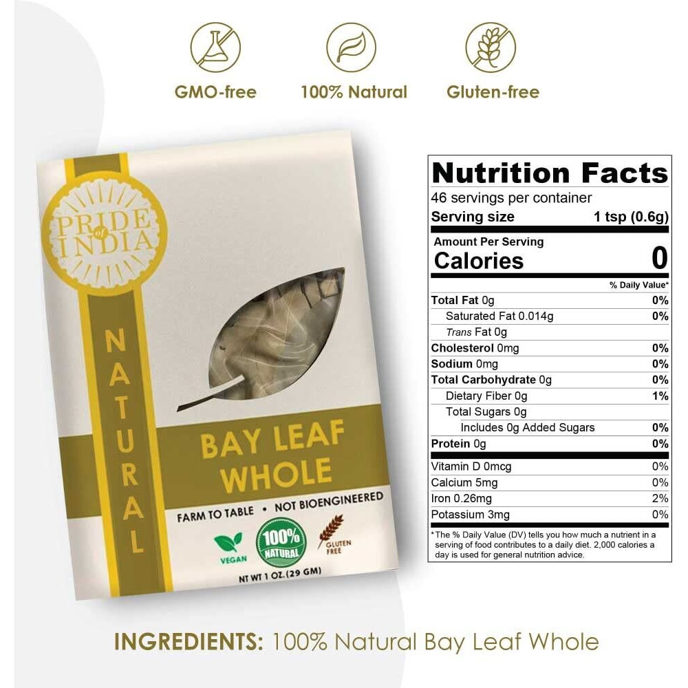 Pride Of India Natural Bay Leaf Whole- 1 oz (29 gm) Resealable Pouch- Certified Pure & Premium Quality Whole Spice - Best used in Soups, Meats, Fish, Tacos etc- Offers Best Value for Money(D0102HP6BVV.)