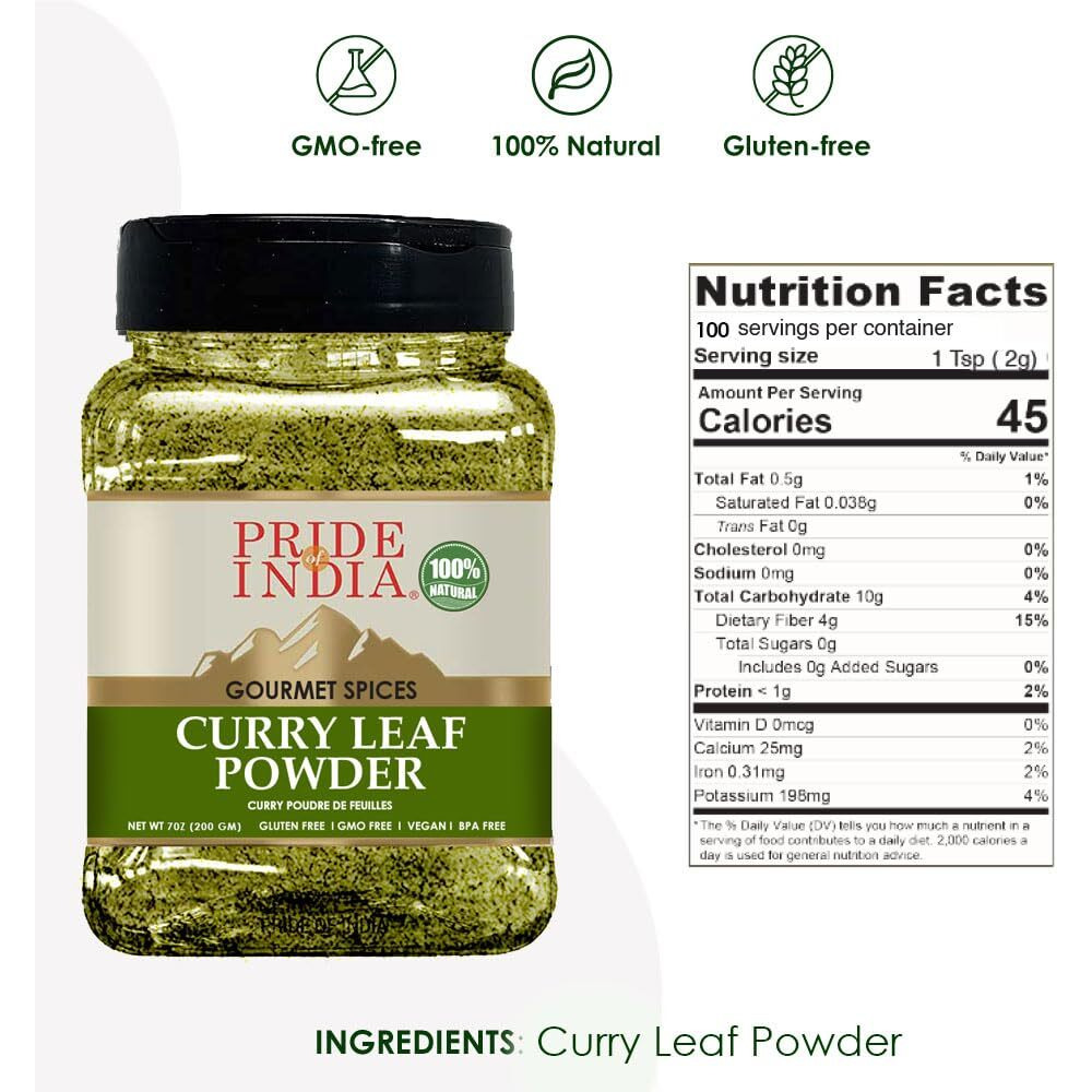 Pride Of India- Natural Curry Leaf Powder Ground - 8 oz (Half Pound) Resealable Pouch - Authentic Indian Spice Blend - Used in Soups, Stews, Chutneys and Rice etc. - Offers Best Value for Money(D0102HPILVV.)