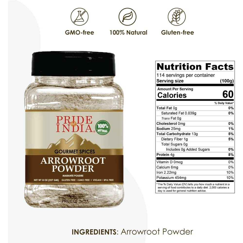 Pride of India Natural Arrowroot Ground Powder Gourmet Baking & Thickening Agent Gluten & GMO Free Good for Sauces, Fritters & Fries Easy to Use(D0102HXSCJP.)