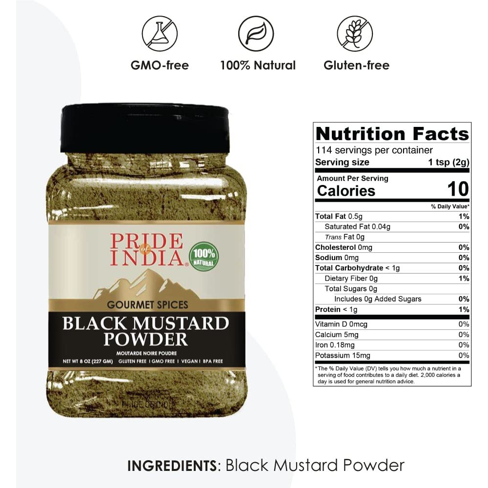 Pride of India Black Mustard Seed Ground Perfect Ingredient in Spice Blends Spice up Pickles/Curries/Stews Additives Free/Gourmet Spice Easy to Store 8 oz. Medium Dual Sifter Bottle(D0102HPIG3U.)