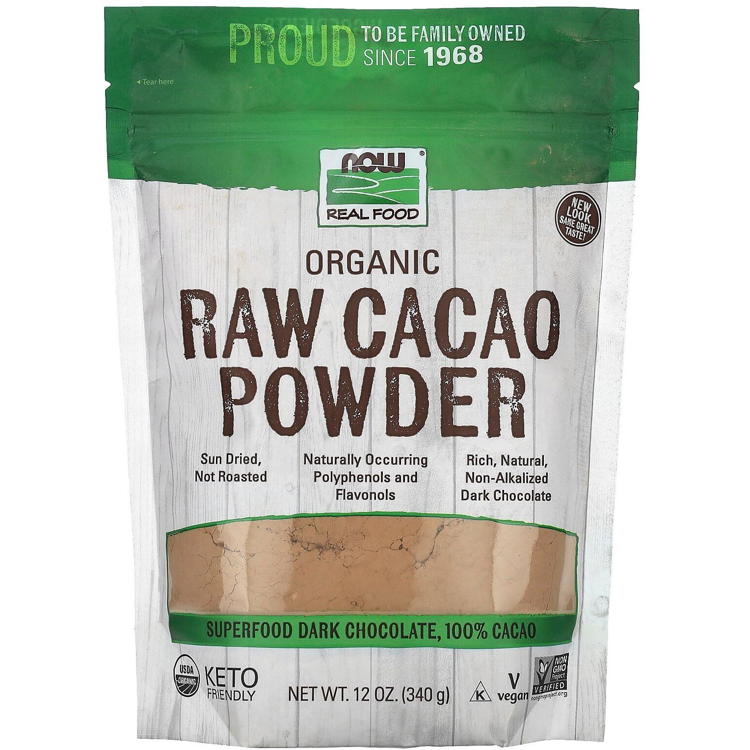 NOW Foods, Organic Raw Cacao Powder, with Polyphenols and Flavonols, Sun-Dried, Intensely Rich Flavor, 12-Ounce (Packaging May Vary)