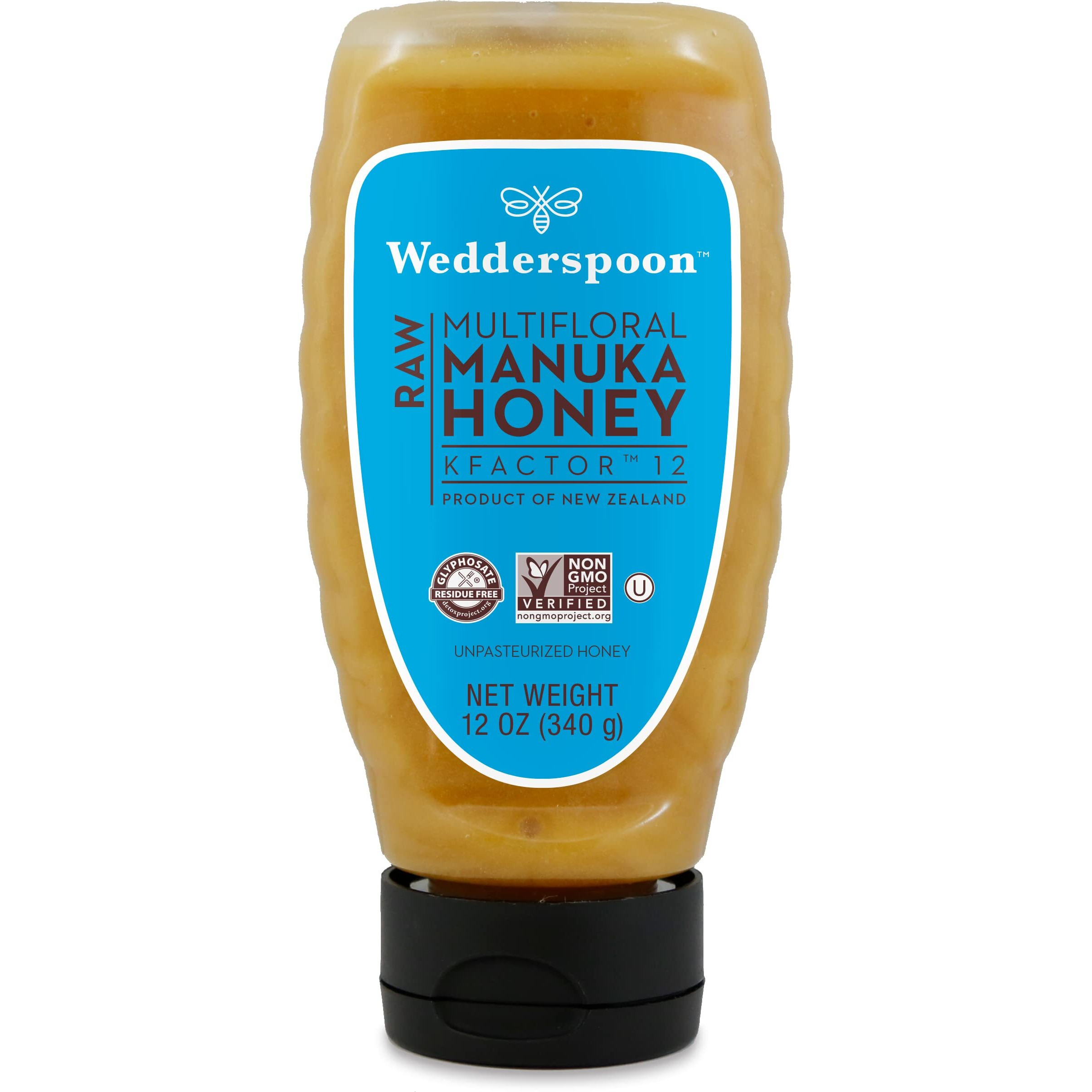 Wedderspoon Raw Premium Manuka Honey, KFactor 12, 12 Oz, Unpasteurized, Genuine New Zealand Honey, Non-GMO Superfood, Traceable from Our Hives to Your Home, Convenient Squeeze Bottle