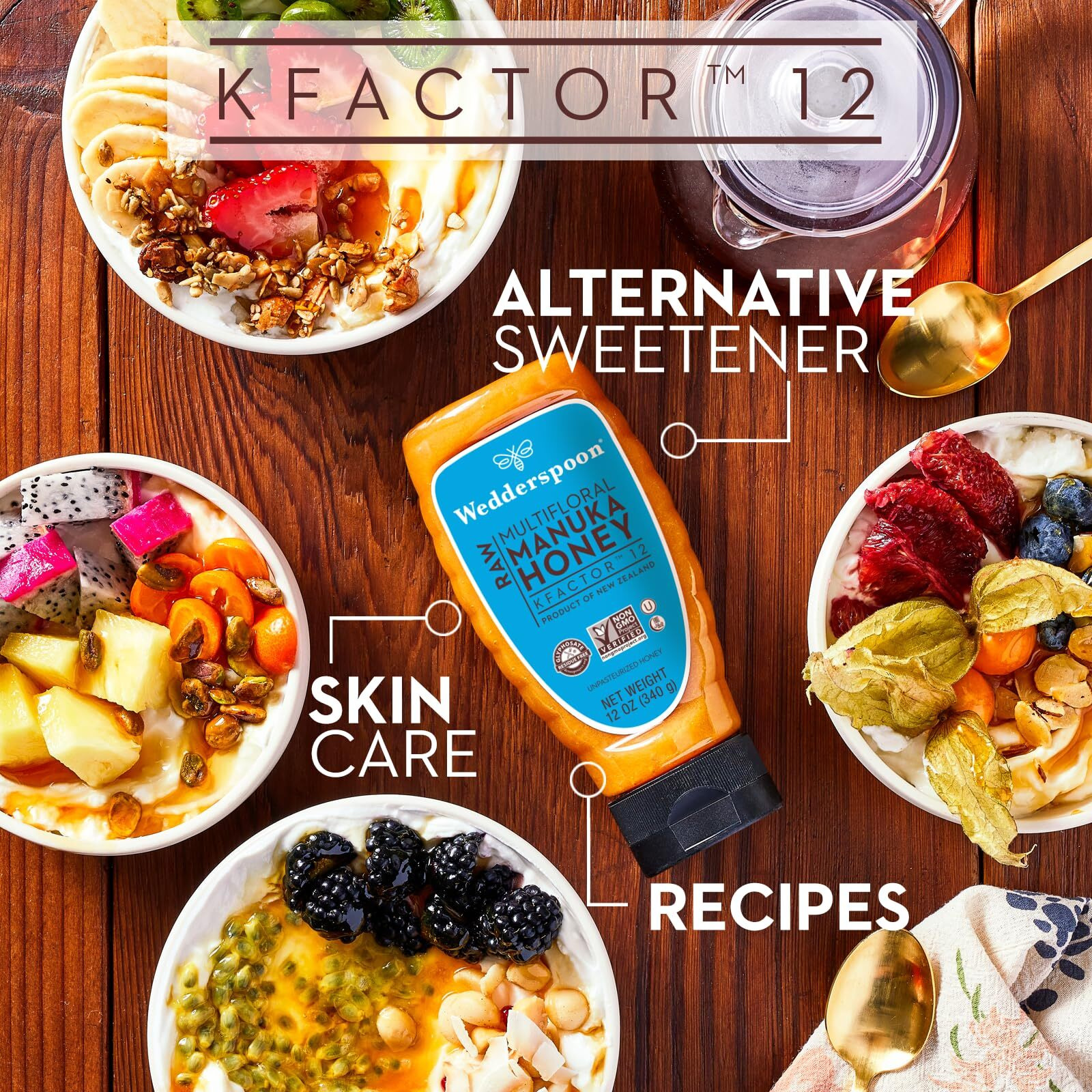 Wedderspoon Raw Premium Manuka Honey, KFactor 12, 12 Oz, Unpasteurized, Genuine New Zealand Honey, Non-GMO Superfood, Traceable from Our Hives to Your Home, Convenient Squeeze Bottle