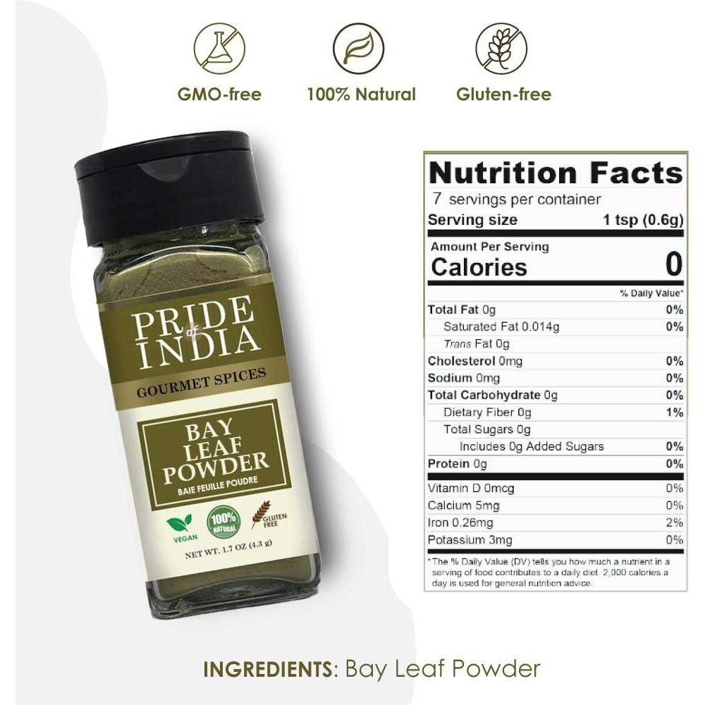 Pride of India Bay Leaf Powder Fresh & Authentic Bay Leaf Ground Gourmet Spice Good for Seasoning Stews/Soups/Tea Easy to Use 1.7 oz. Small Dual Sifter Jar(D0102HP6B6V.)