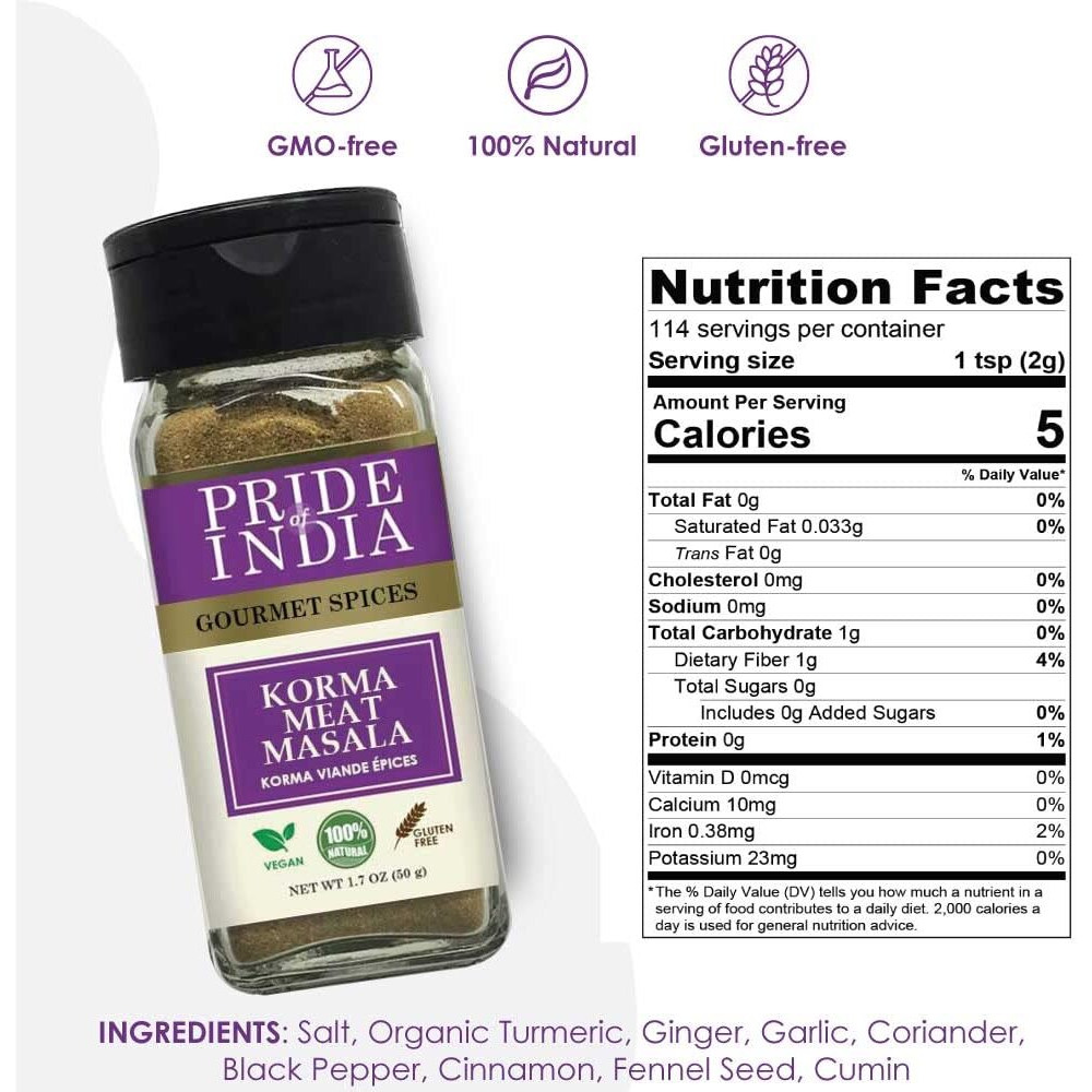 Pride of India Korma Meat Masala Mix Ideal for Traditional Meat/Lamb Curry Gourmet & Flavorful Seasoning Spice Blend Easy to Use - 1.7 oz. Small Dual Sifter Bottle(D0102HP6BTV.)