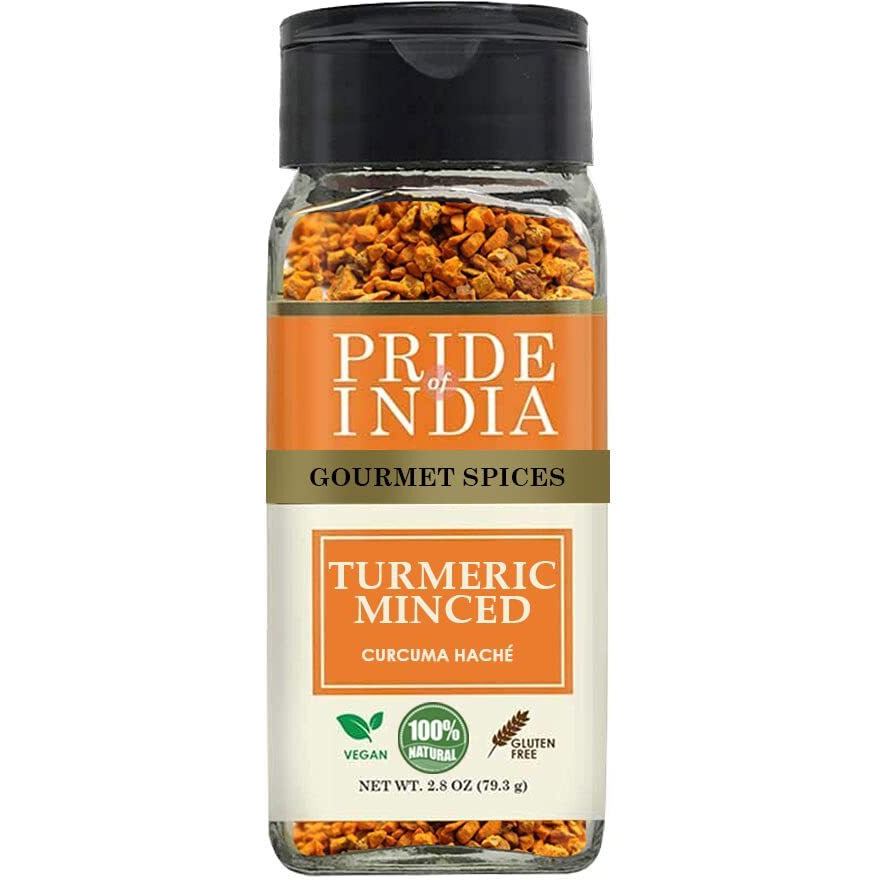 Pride of India Turmeric Minced Whole Gourmet Spice Curcumin Rich/ Anti-inflammatory Properties No Additives/ Gluten Easy to Use 2.8 oz. Small Dual Sifter Jar(D0102HP6B47.)
