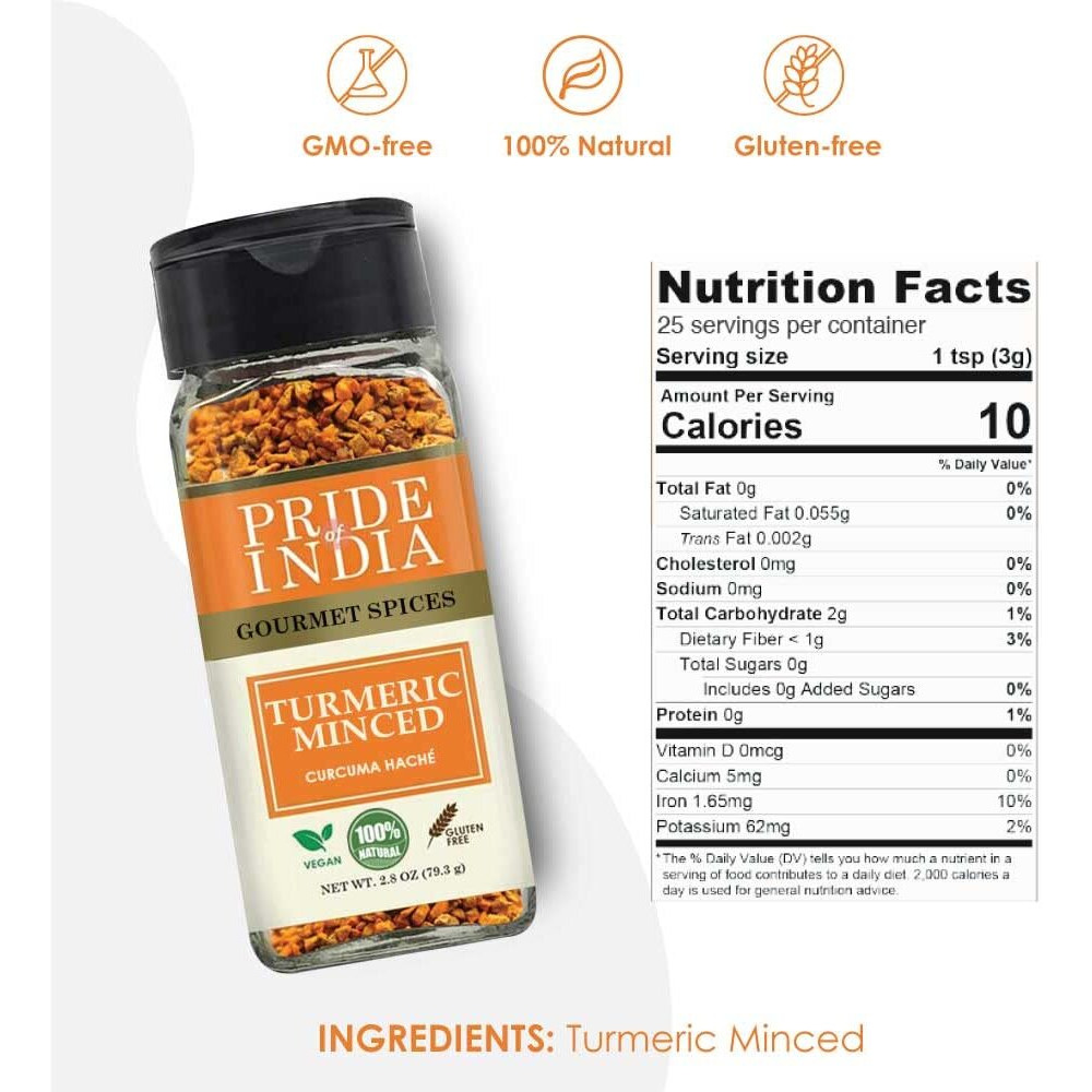 Pride of India Turmeric Minced Whole Gourmet Spice Curcumin Rich/ Anti-inflammatory Properties No Additives/ Gluten Easy to Use 2.8 oz. Small Dual Sifter Jar(D0102HP6B47.)