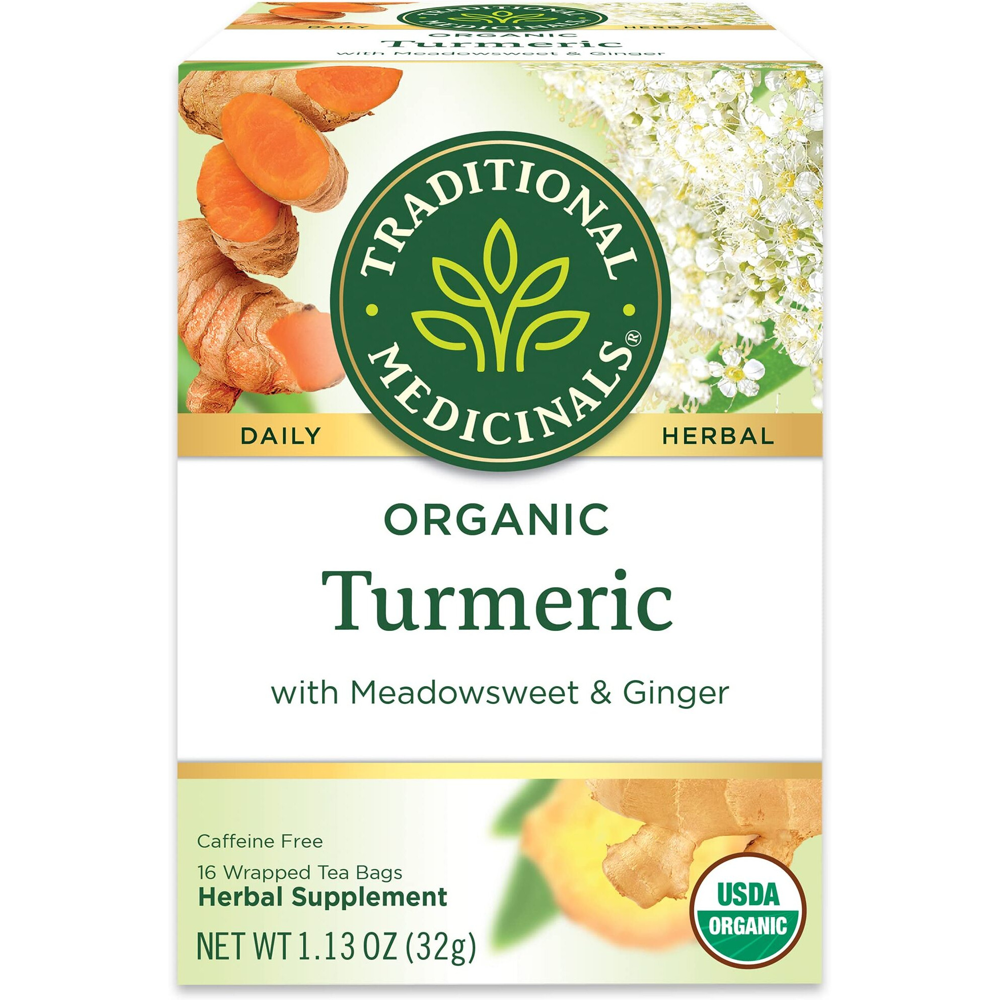 Traditional Medicinals Tea, Organic Turmeric w/Meadowsweet & Ginger, Supports a Healthy Response to Inflammation, 16 Tea Bags
