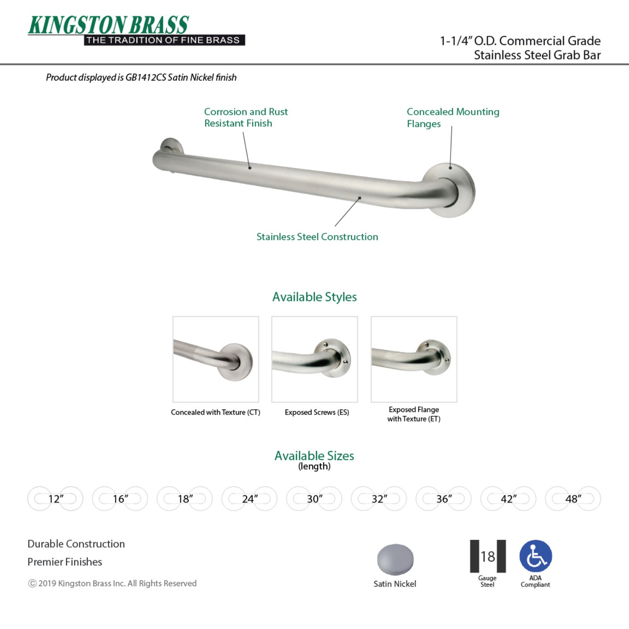Kingston Brass GB1432CT 32" Stainless Steel Grab Bar, Brushed Nickel
