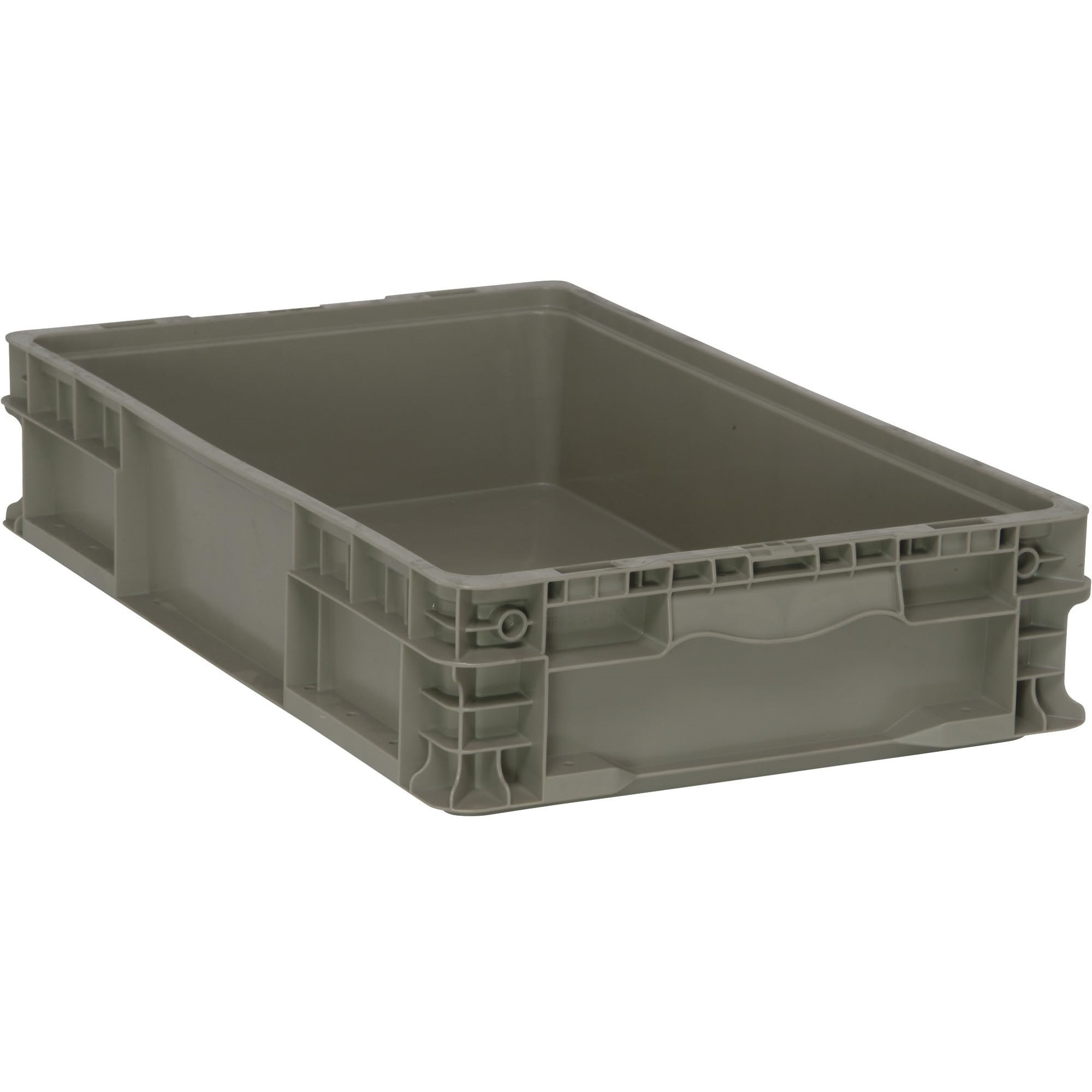 Stacker Straight Wall Container, 24L x 15W x 5H, up to 175 lbs. stack capacity, injection molded high density polyethylene, built-in hand grips on two sides, gray
