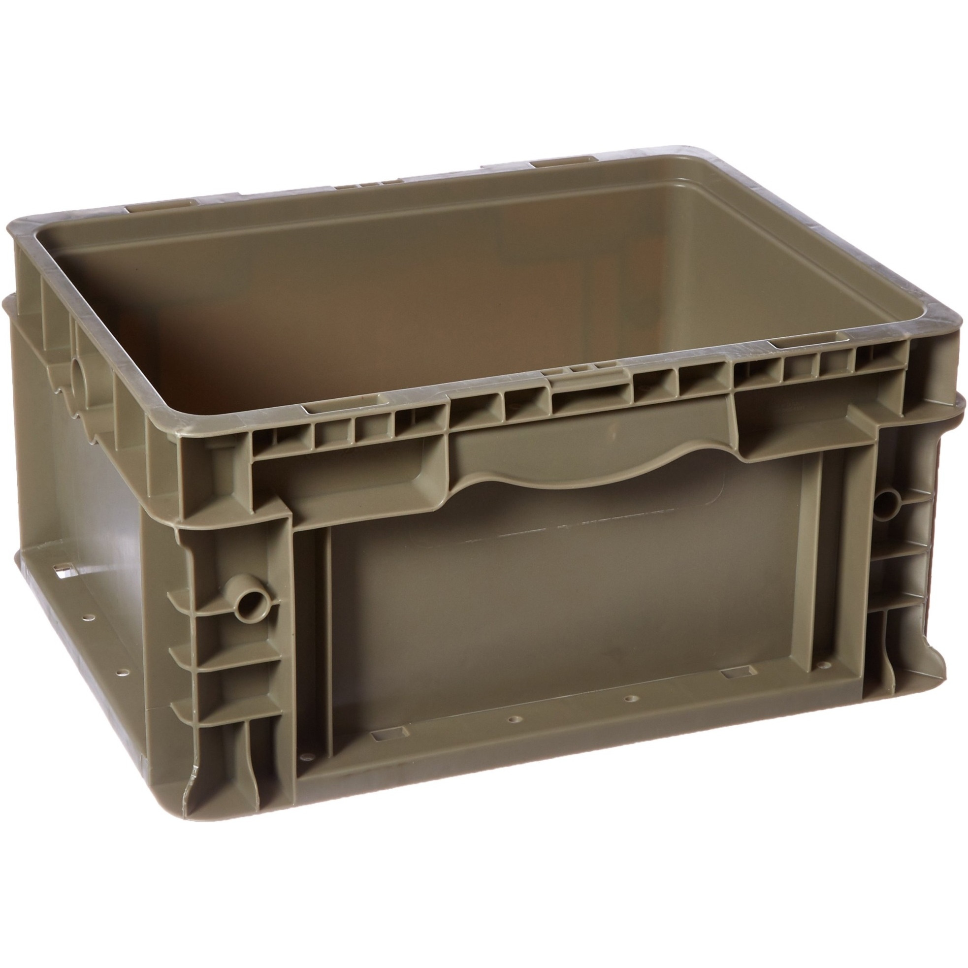 Stacker Straight Wall Container, 12L x 15W x 7-1/2H, up to 175 lbs. stack capacity, injection molded high density polyethylene, built-in hand grips on two sides, gray