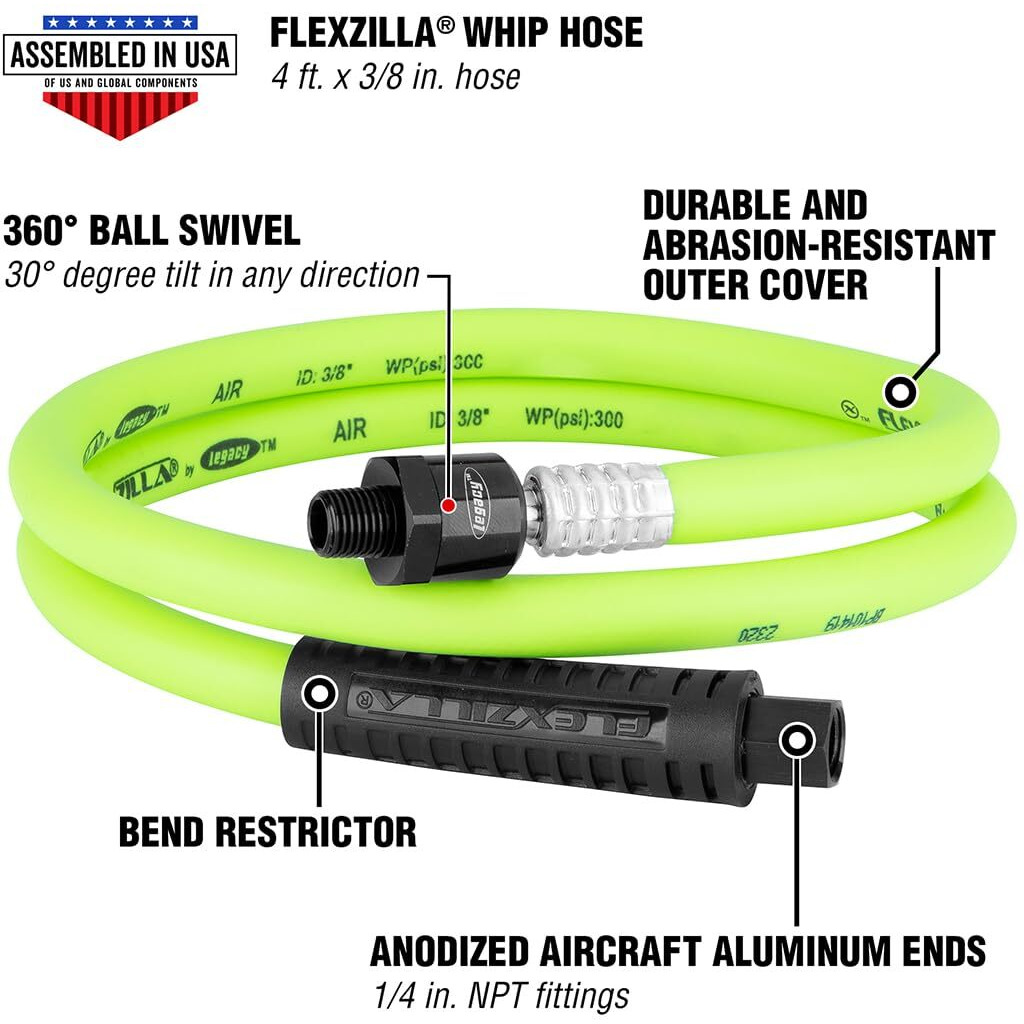 Flexzilla Whip Hose with Ball Swivel 3/8" x 4' ZillaGreen
