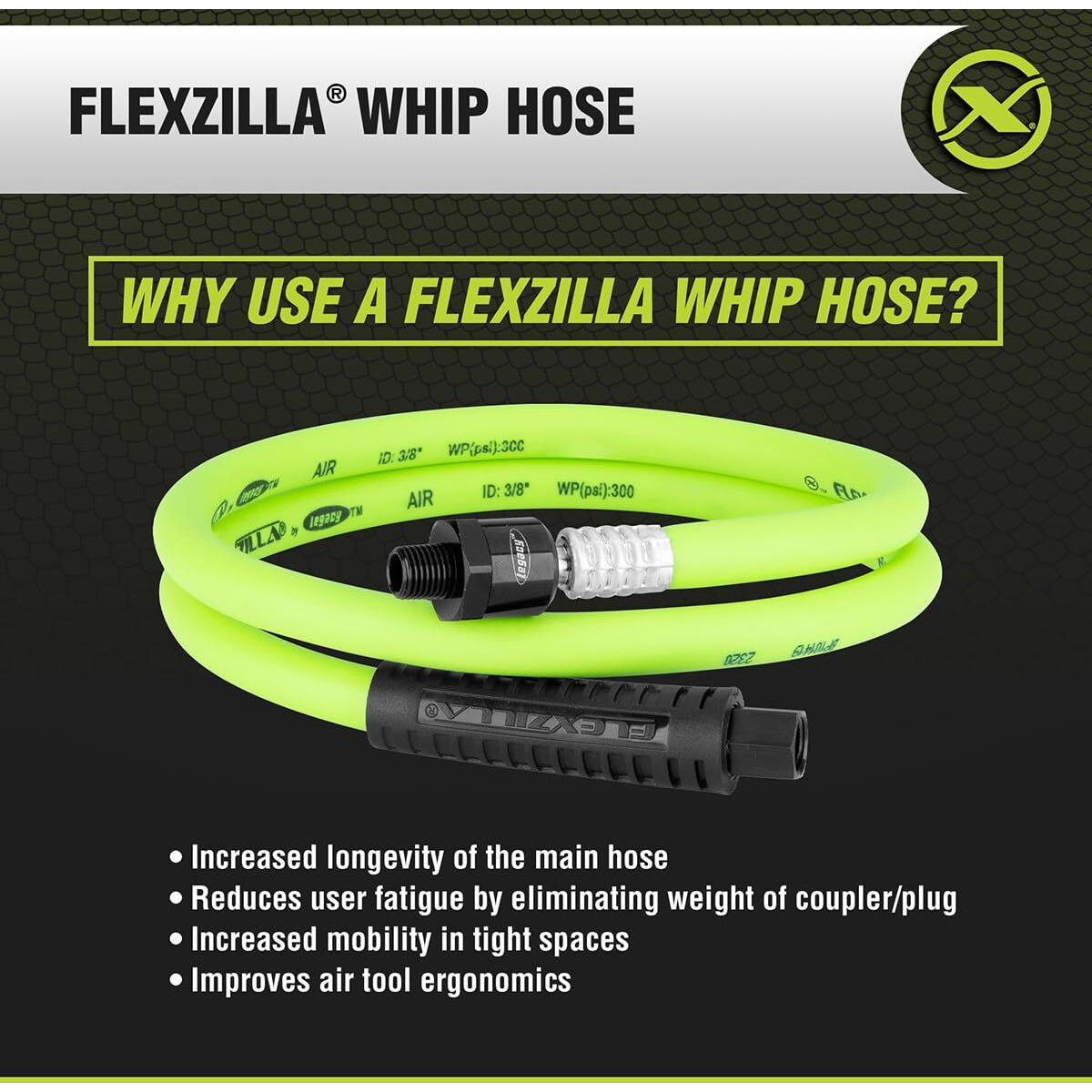 Flexzilla Whip Hose with Ball Swivel 3/8" x 4' ZillaGreen
