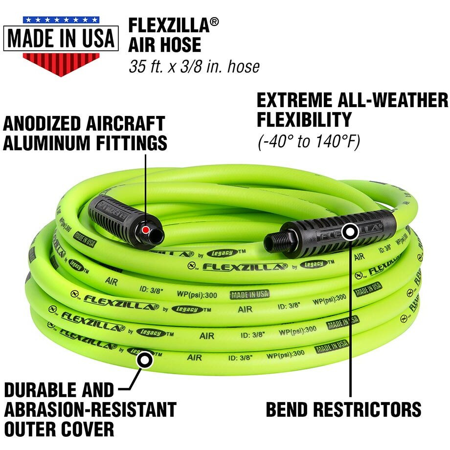 Flexzilla Air Hose 3/8" x 35' 1/4" MNPT Fittings ZillaGreen