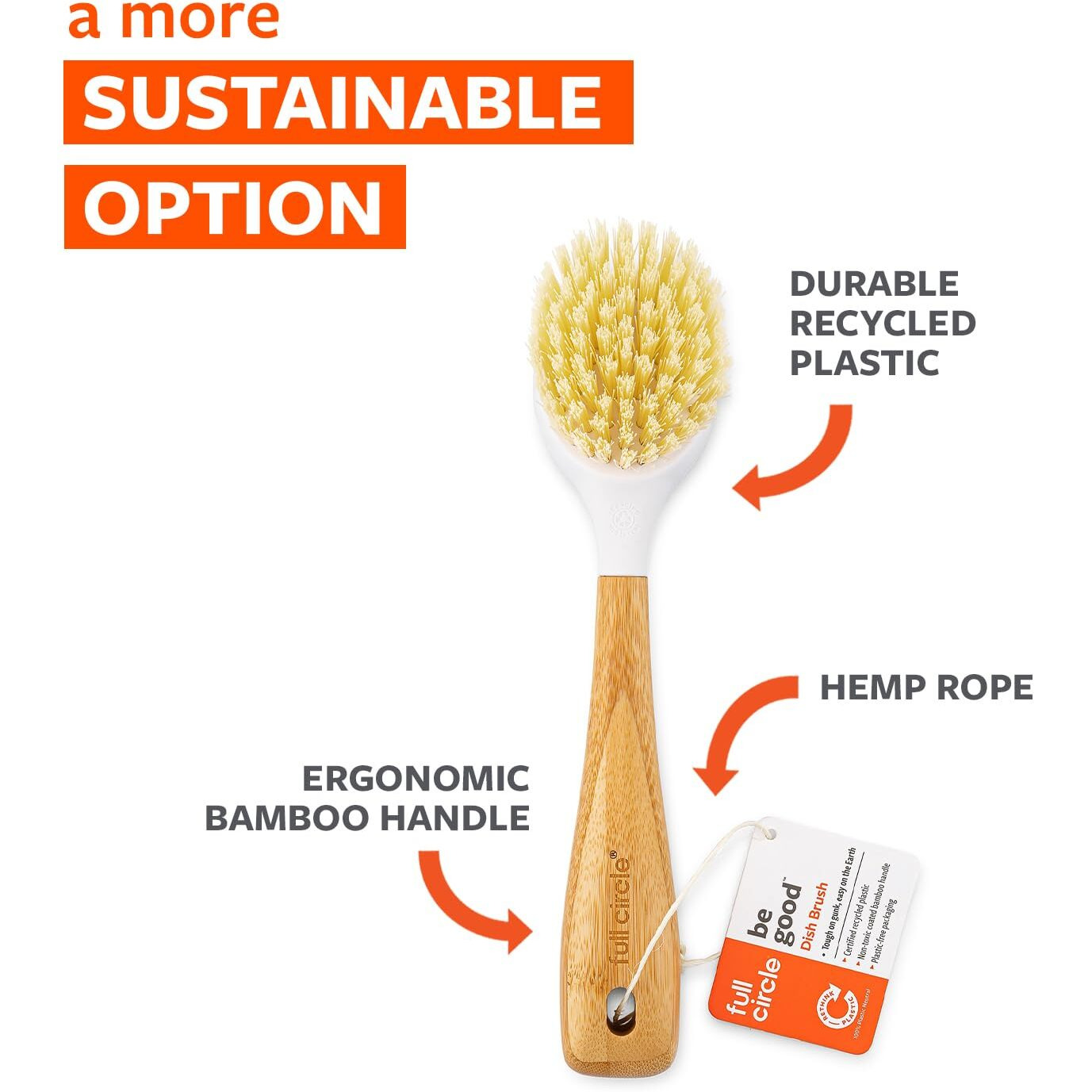 Full Circle Be Good Bamboo Handle Dish Brush - Sustainable Kitchen Cleaning with Tough Bristles - Natural Dish Scrubber & Cast Iron Cleaner - Long Handle Brush for Dishes, Pots, and Pans, White
