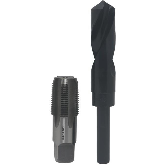 3/4" Carbon Steel NPT Tap and 59/64" HSS Drill Bit in plastic pouch. 59/64" drill bit has 1/2" shank.