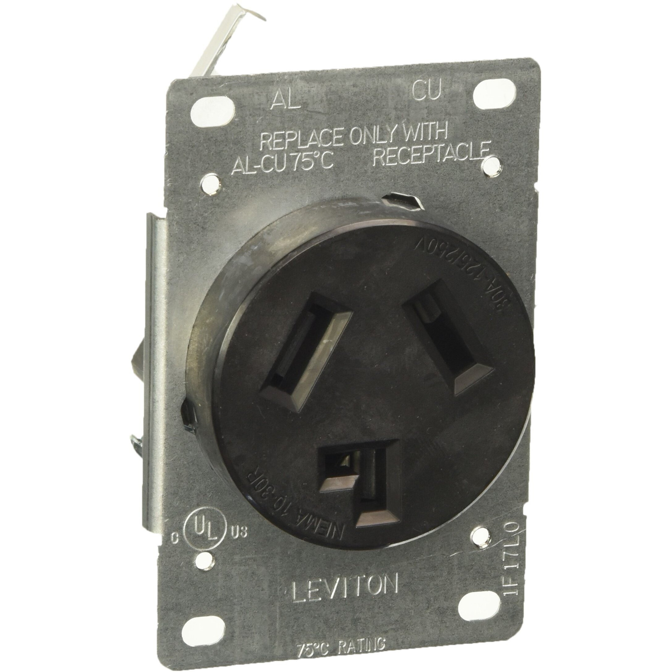 Leviton 5207-S10 30 Amp, 125/250 Volt, NEMA 10-30R, 3P, 3W, Flush MTG Receptacle, Straight Blade, Industrial Grade, Non-grounding, AL-CU, Side Wired, Steel Strap-Black