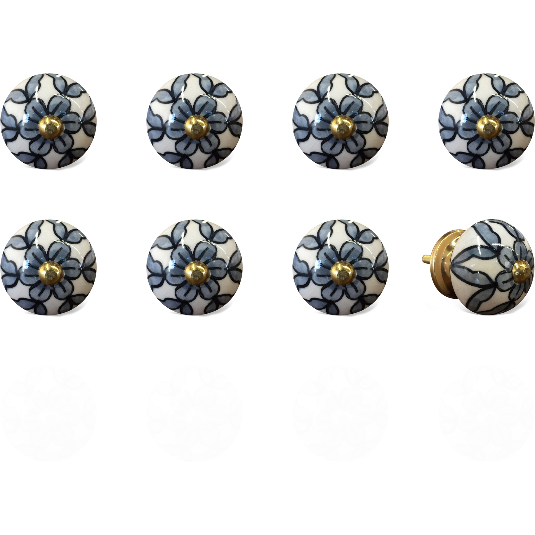 1.5" X 1.5" X 1.5" White Blue Black Handpainted Ceramic  Knobs 8 Pack