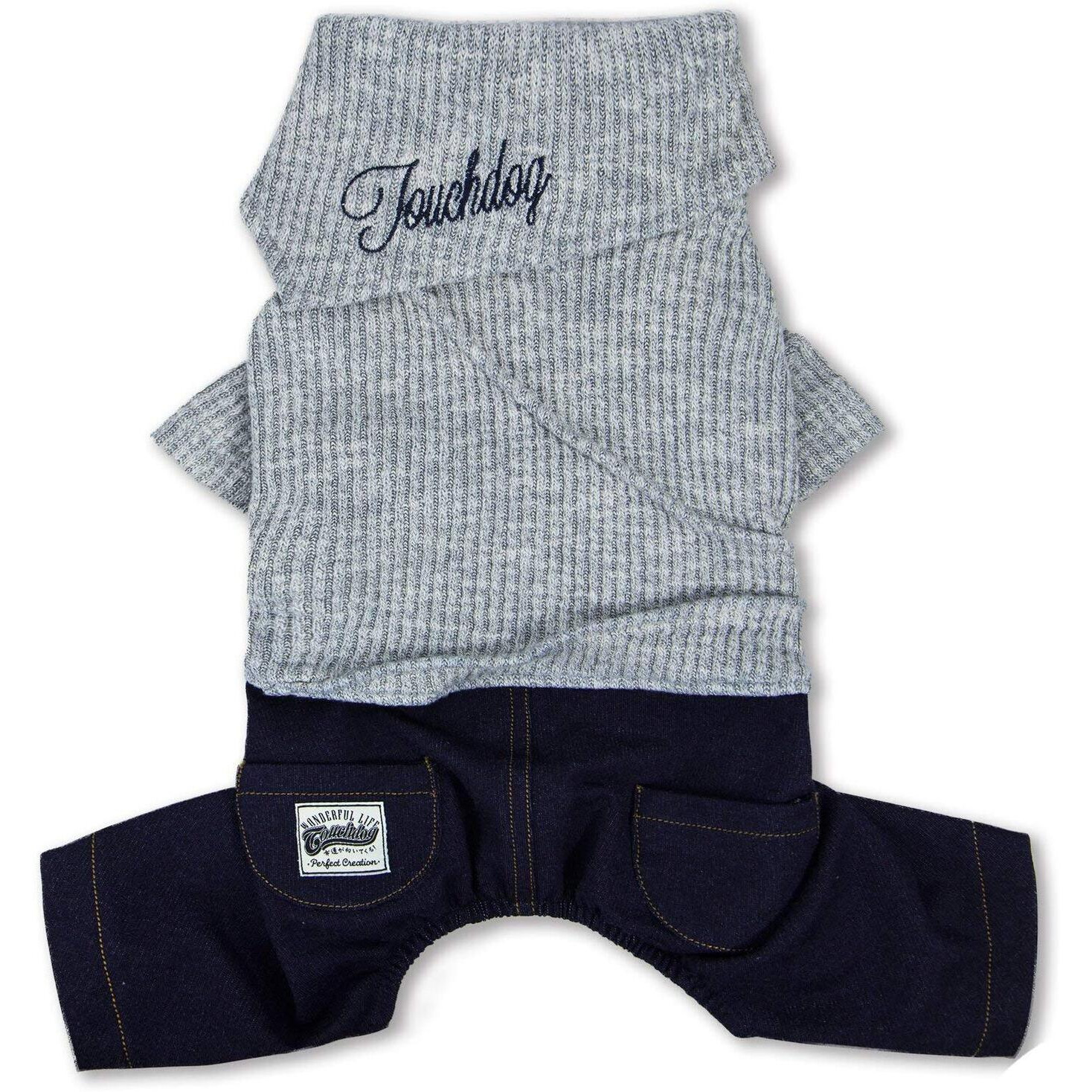 Touchdog Vogue Neck-Wrap Sweater and Denim Pant Outfit- X-Small/Grey