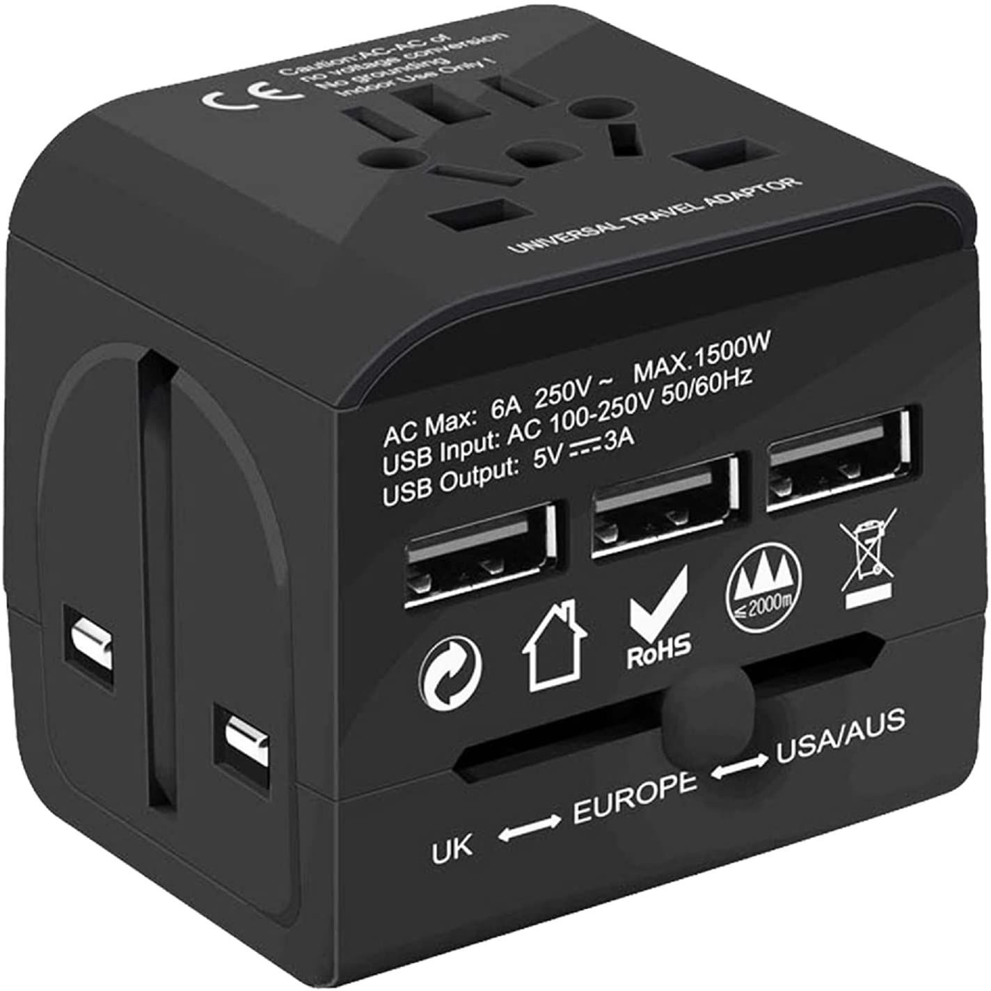 Charger Universal Adapter Multi Outlet Port 3 USB Phone Power All in One Multi Cable Multiple Phone Charge Wall Plug (Black) 5 Core UTA 3USB BLK