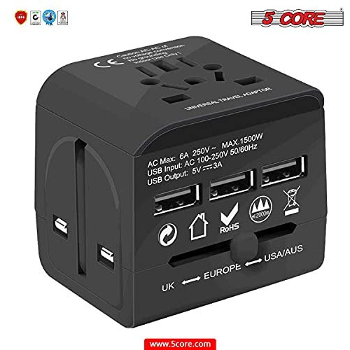 Charger Universal Adapter Multi Outlet Port 3 USB Phone Power All in One Multi Cable Multiple Phone Charge Wall Plug (Black) 5 Core UTA 3USB BLK