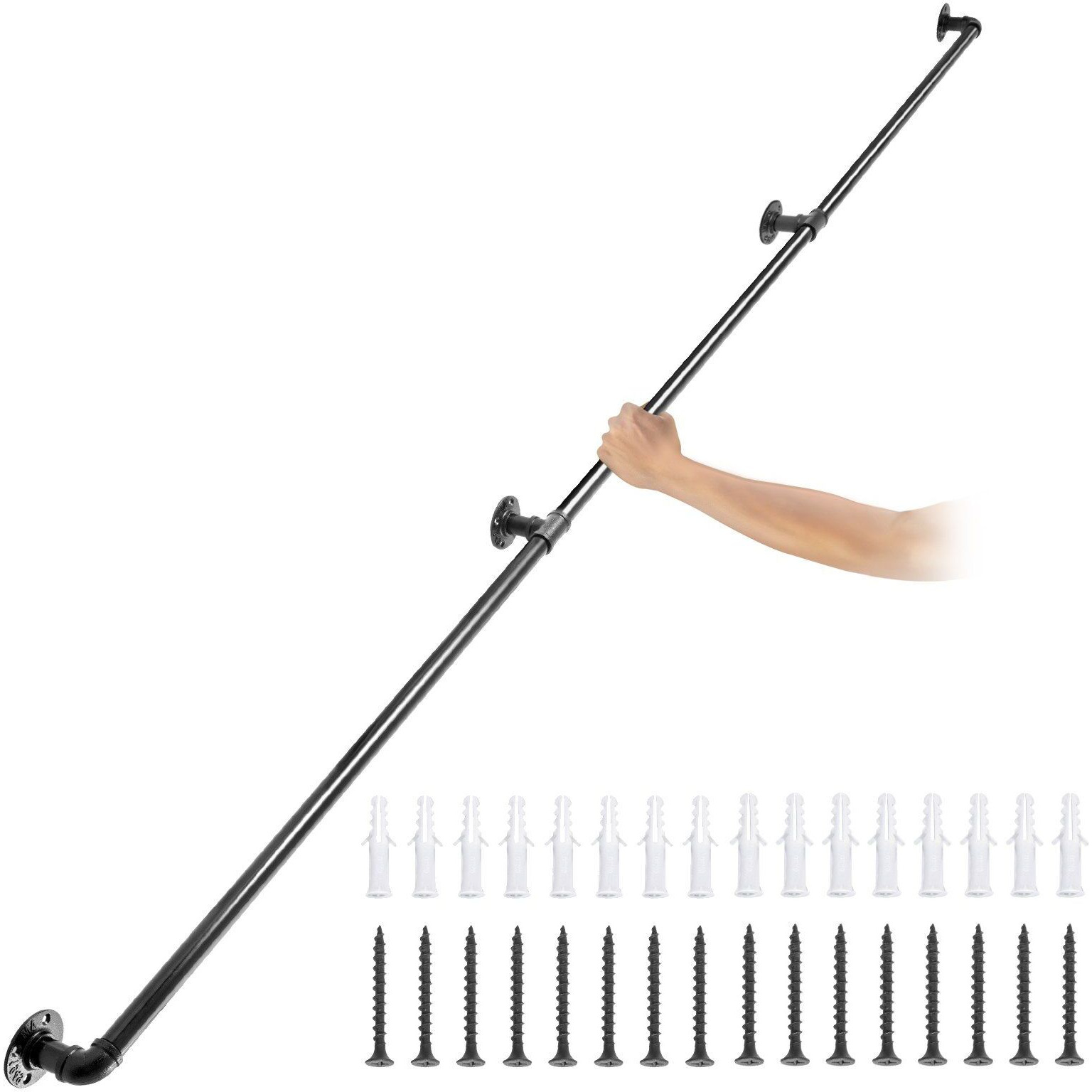 VEVOR Pipe Stair Handrail, 9FT Staircase Handrail, 440LBS Load Capacity Carbon Steel Pipe Handrail, Industrial Pipe Handrail with Wall Mount Support, Round Corner Wall Handrailings for Indoor, Outdoor