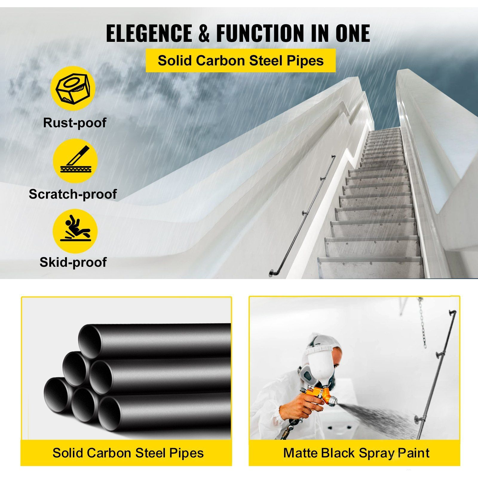 VEVOR Pipe Stair Handrail, 9FT Staircase Handrail, 440LBS Load Capacity Carbon Steel Pipe Handrail, Industrial Pipe Handrail with Wall Mount Support, Round Corner Wall Handrailings for Indoor, Outdoor