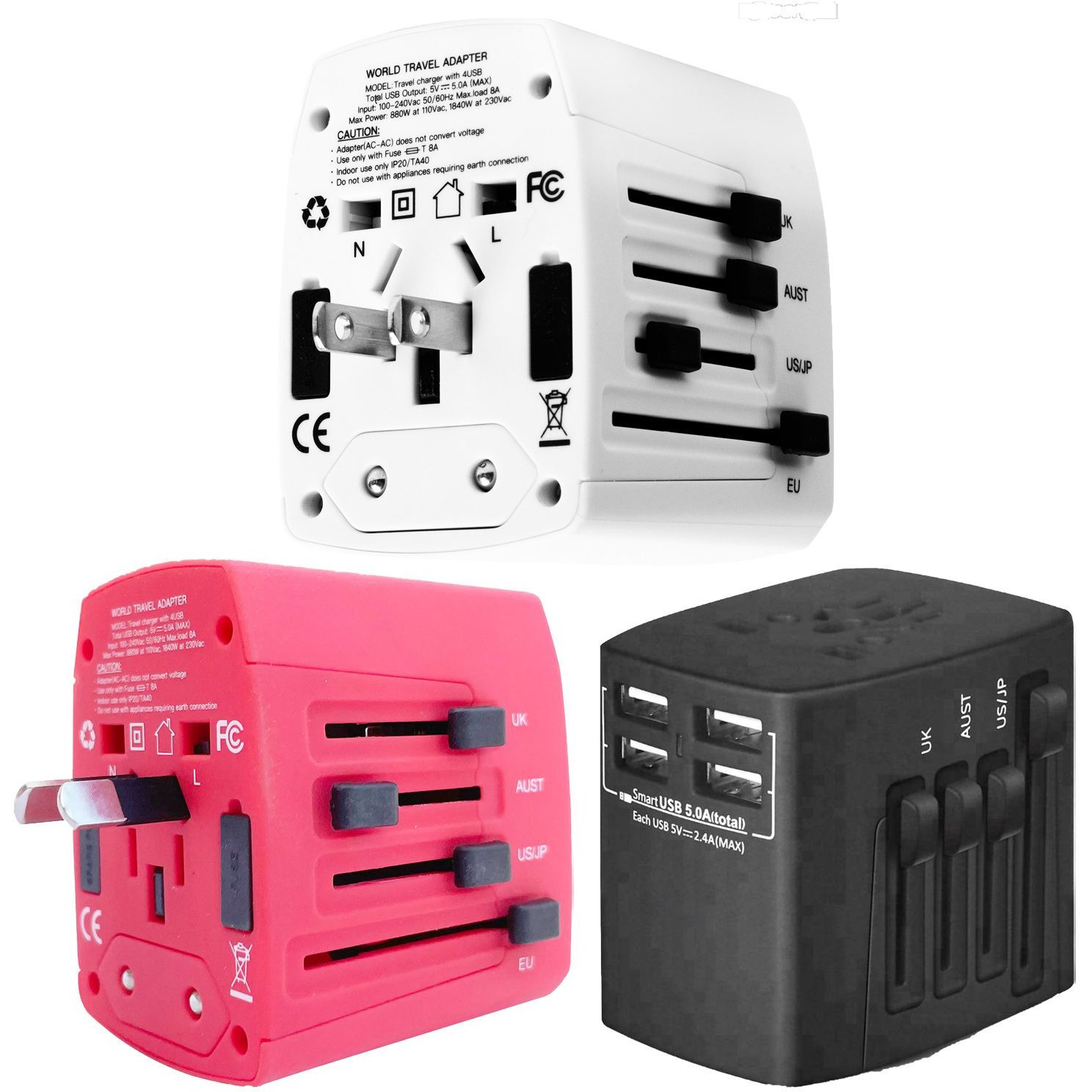5 Core 3 Pieces Charger Universal Adapter Multi Outlet Port 4 USB Phone Power All in One Multi Cable Multiple Phone Charge 2.1 Amp Wall Plug White, Red & Black UTA 3pcs BRW