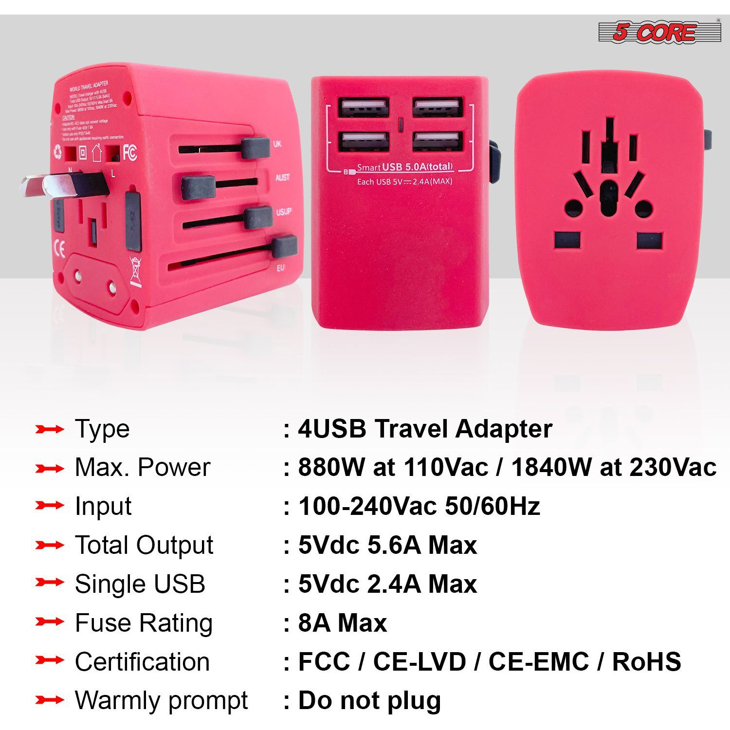 5 Core 3 Pieces Charger Universal Adapter Multi Outlet Port 4 USB Phone Power All in One Multi Cable Multiple Phone Charge 2.1 Amp Wall Plug White, Red & Black UTA 3pcs BRW
