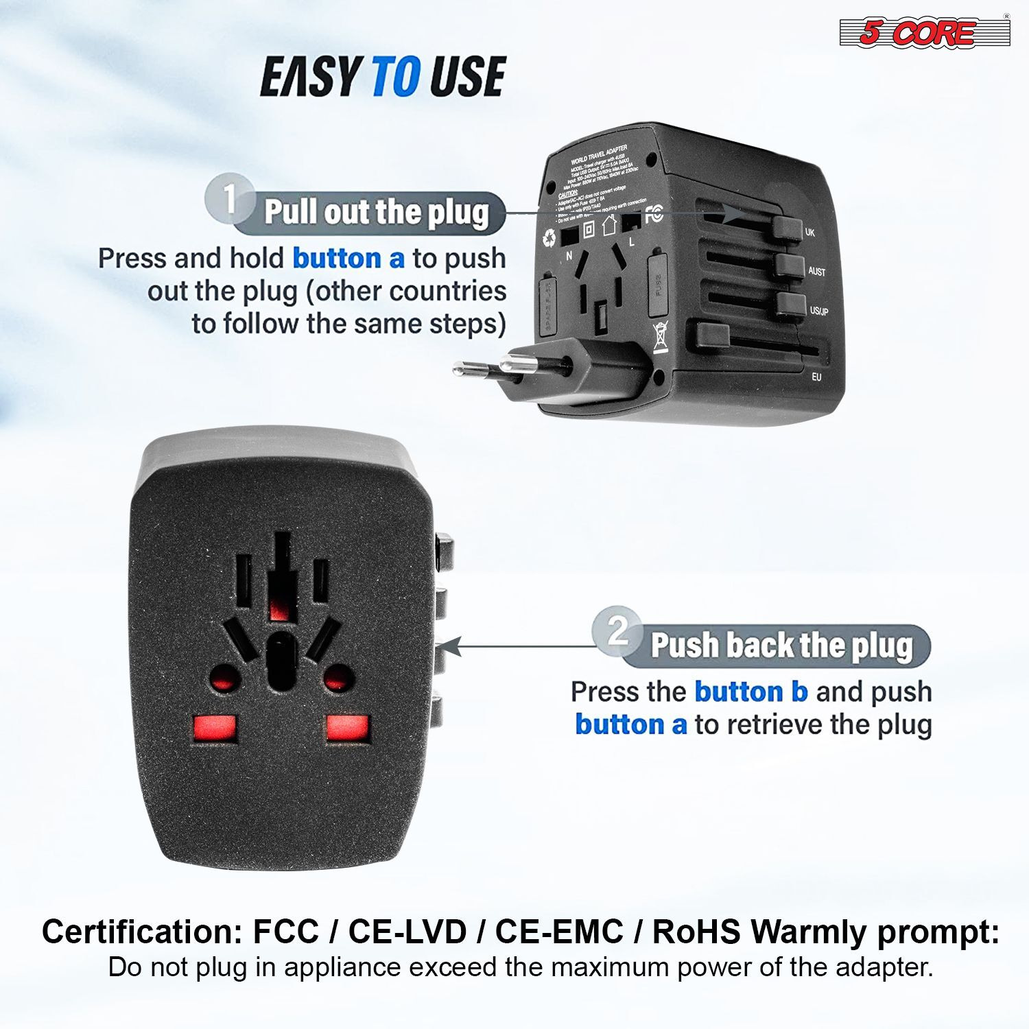 5 Core 3 Pieces Charger Universal Adapter Multi Outlet Port 4 USB Phone Power All in One Multi Cable Multiple Phone Charge 2.1 Amp Wall Plug White, Red & Black UTA 3pcs BRW