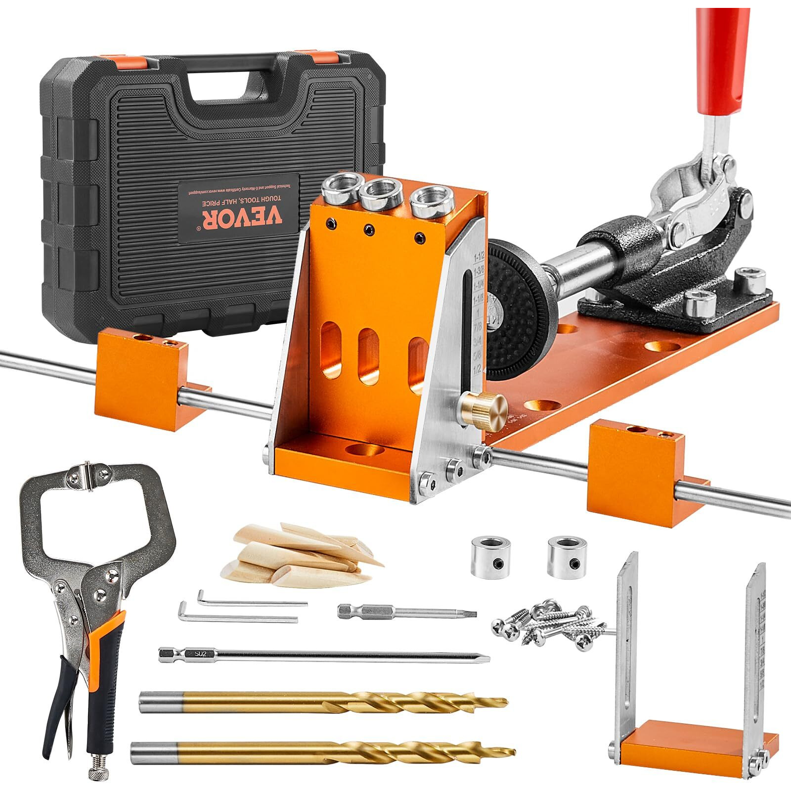 VEVOR Pocket Hole Jig Kit, 34 Pcs Pocket Hole Jig System with 11" C-clamp, Fixture, Step Drills, Wrenches, Drill Stop Rings, Square Drive Bits, Toolbox, Adjustable, for DIY Carpentry Projects