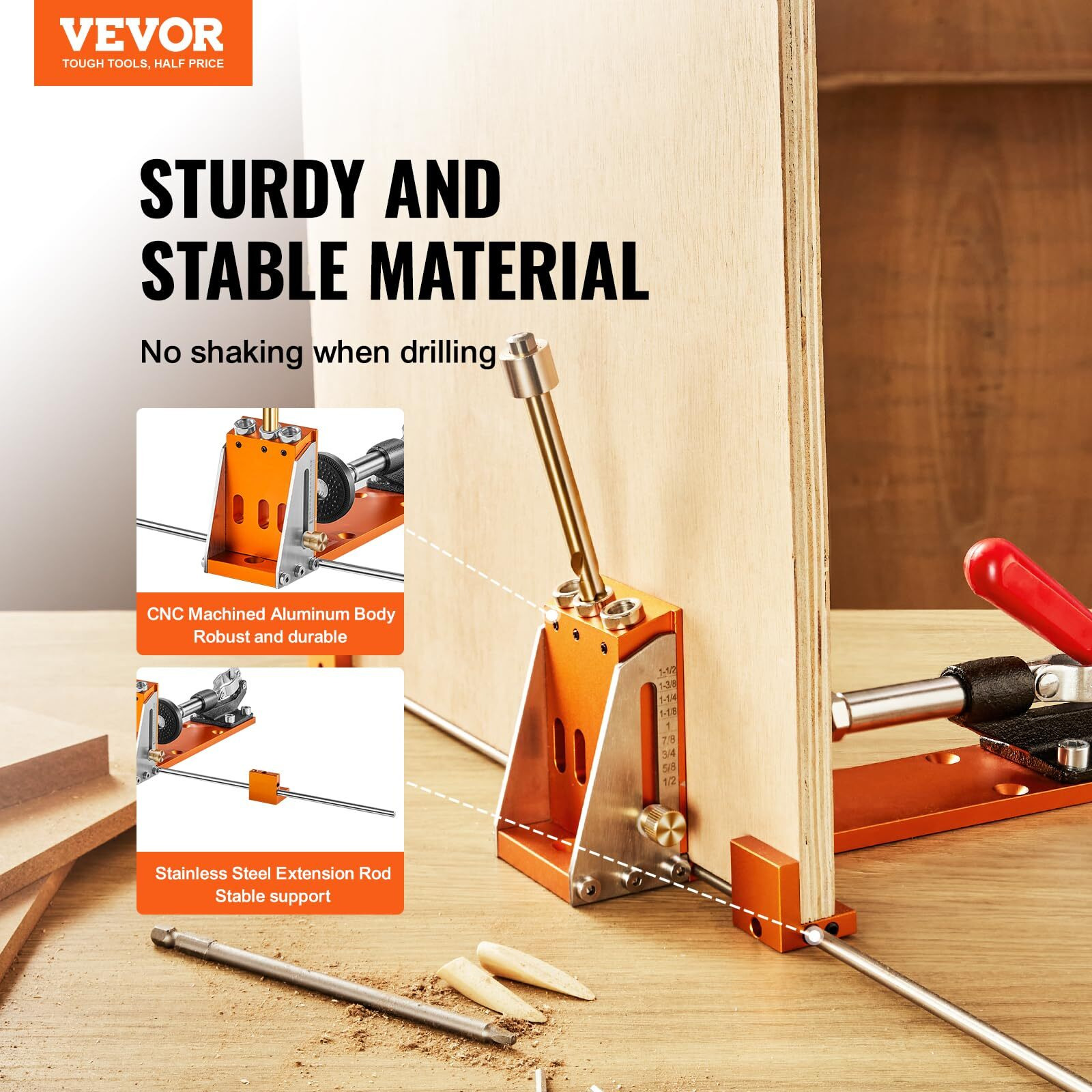 VEVOR Pocket Hole Jig Kit, 34 Pcs Pocket Hole Jig System with 11" C-clamp, Fixture, Step Drills, Wrenches, Drill Stop Rings, Square Drive Bits, Toolbox, Adjustable, for DIY Carpentry Projects