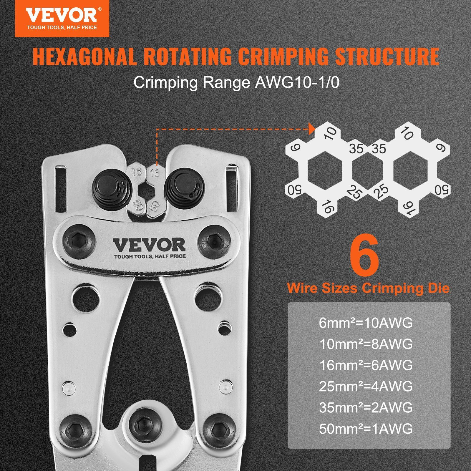 VEVOR Crimping Tool, AWG10-1/0 Copper And Aluminum Terminal Battery Lug Crimper, 6 Wire Sizes Crimping Die, with a Cutting Pliers, Gloves, 95pcs Copper Ring Connectors, and 100pcs Heat Shrink Tubes