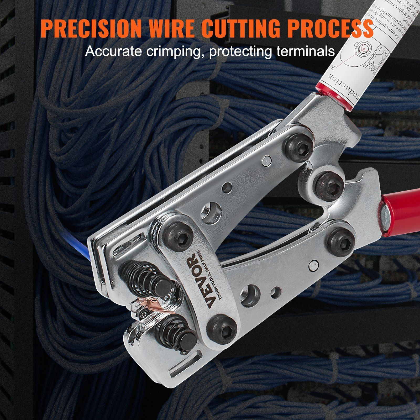VEVOR Crimping Tool, AWG10-1/0 Copper And Aluminum Terminal Battery Lug Crimper, 6 Wire Sizes Crimping Die, with a Cutting Pliers, Gloves, 95pcs Copper Ring Connectors, and 100pcs Heat Shrink Tubes